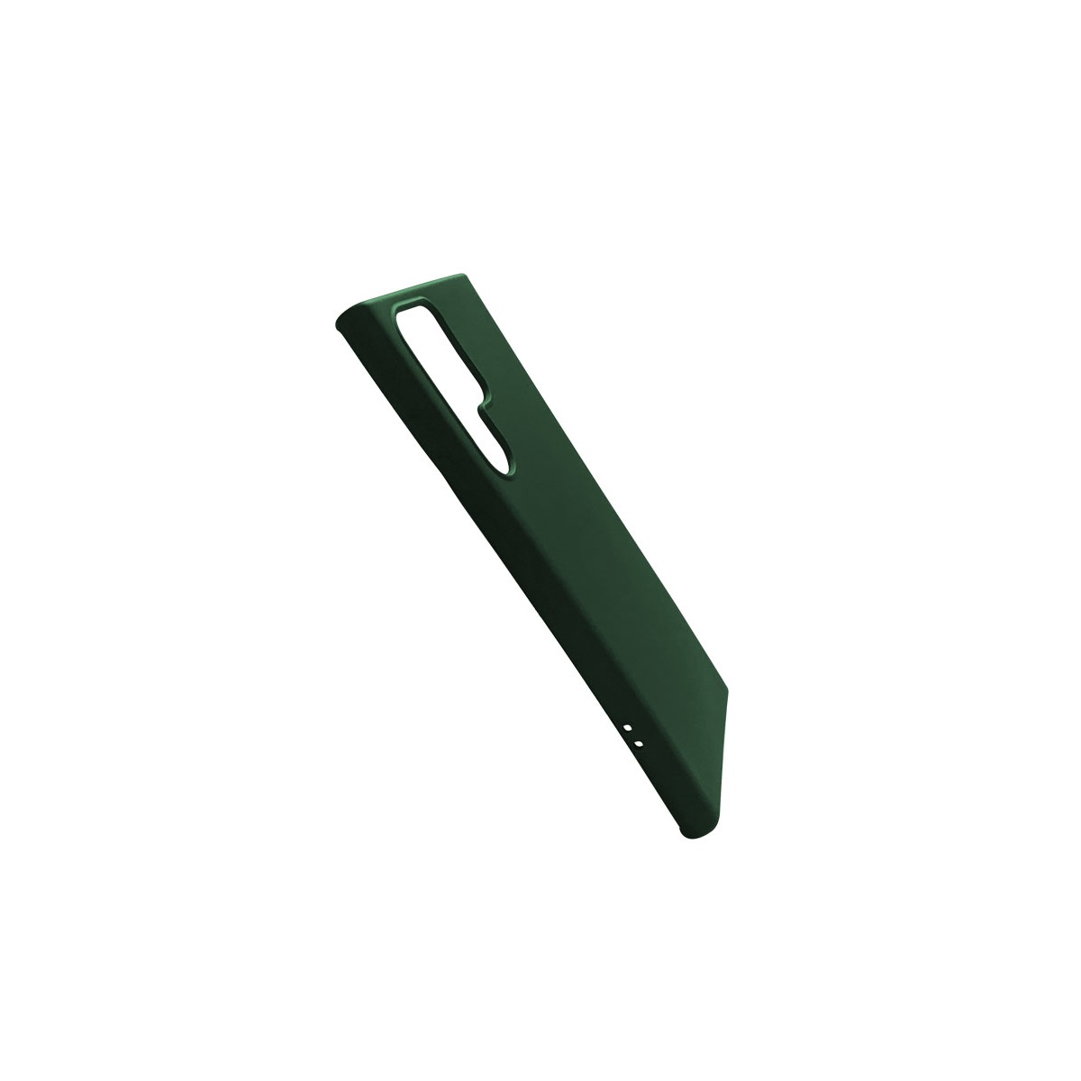 Dunkelgrüne Handyhülle, schräge Ansicht, weißer Hintergrund, einfaches Design.