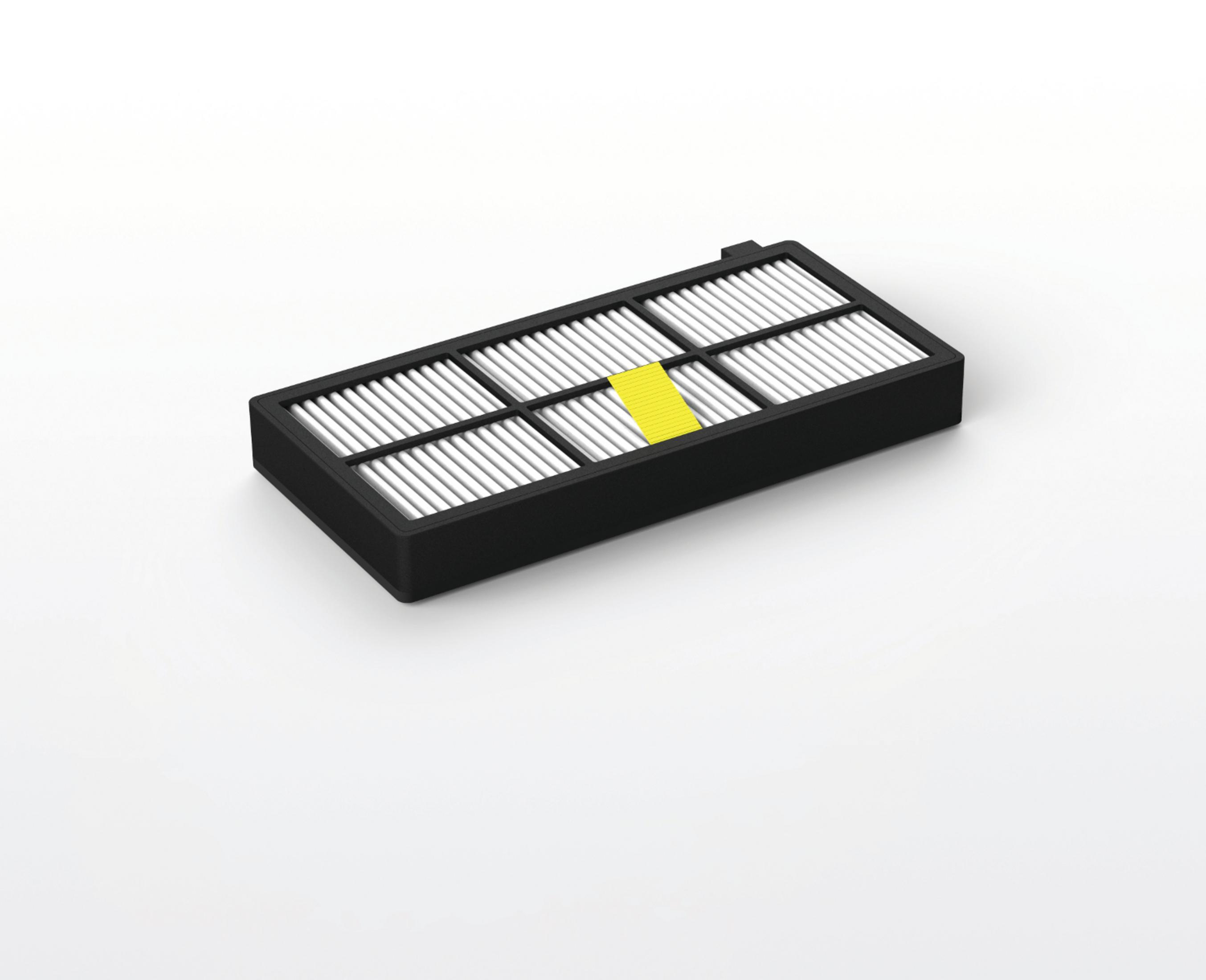 Prostokątny czarny filtr do robota czyszczącego, z białymi i żółtymi elementami wewnętrznymi.