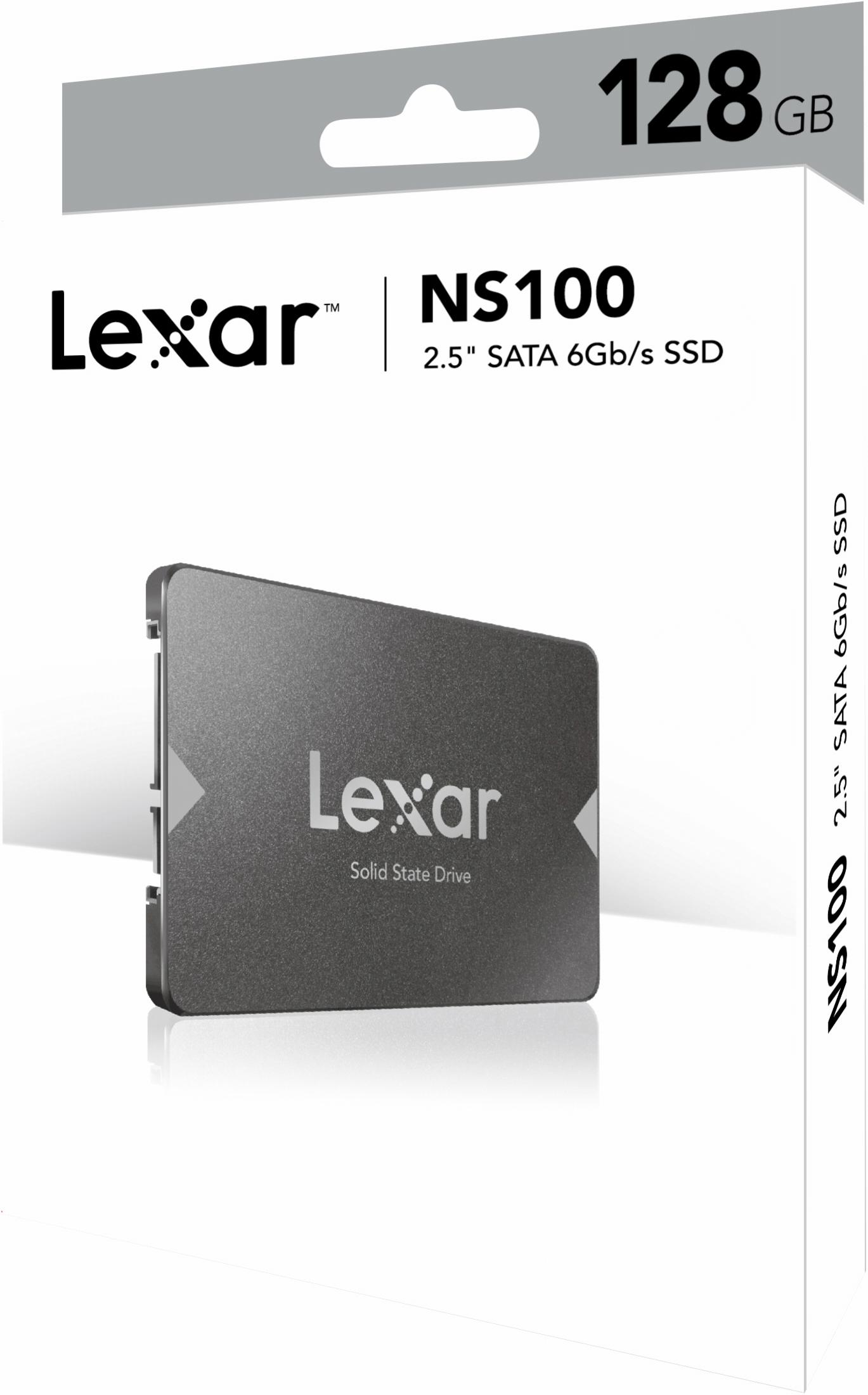 Dysk SSD Lexar NS100 128 GB w opakowaniu. Szary SSD, biało-szare opakowanie.