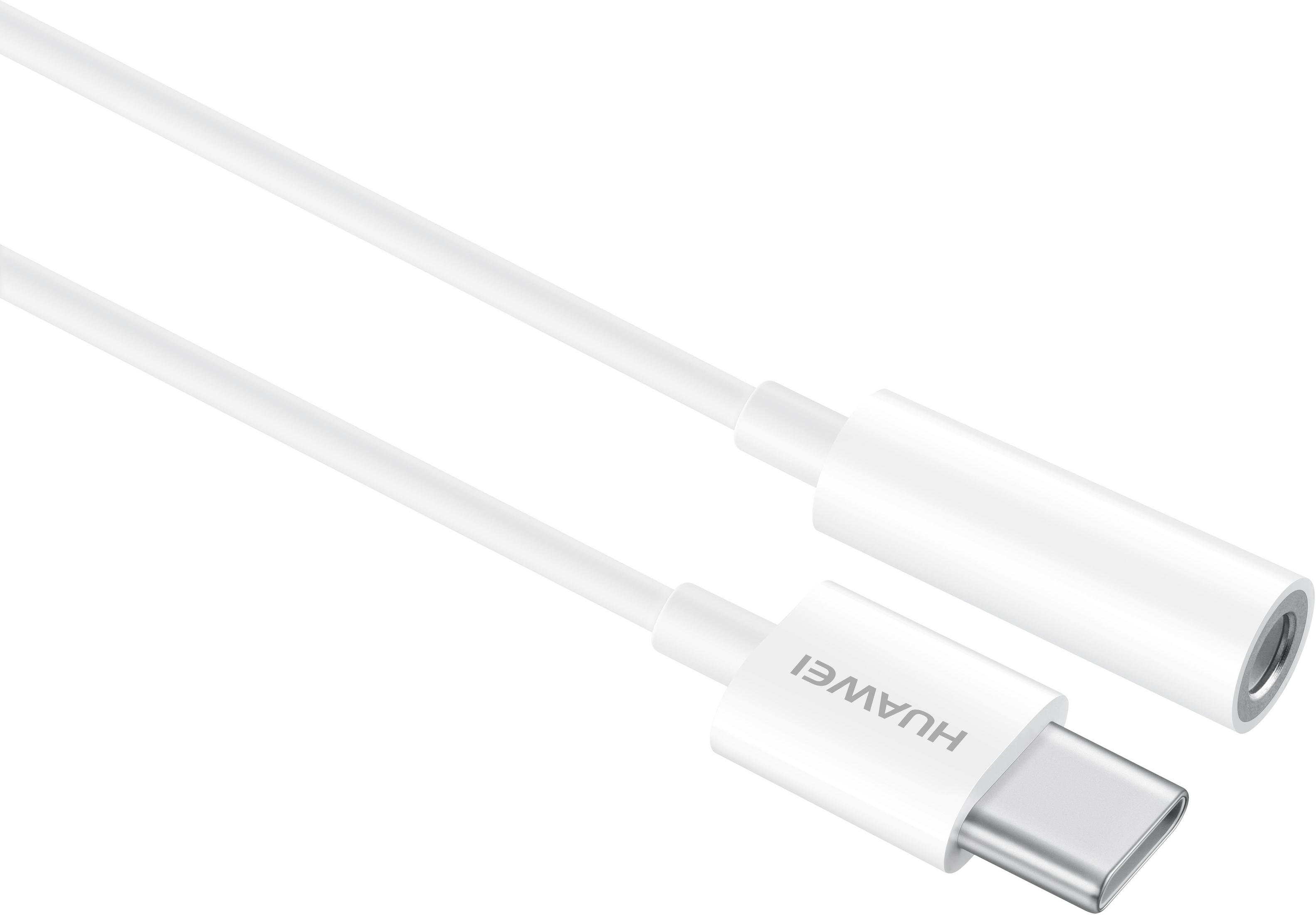 Biały kabel audio USB-C do 3,5 mm z marką HUAWEI na końcu USB-C.