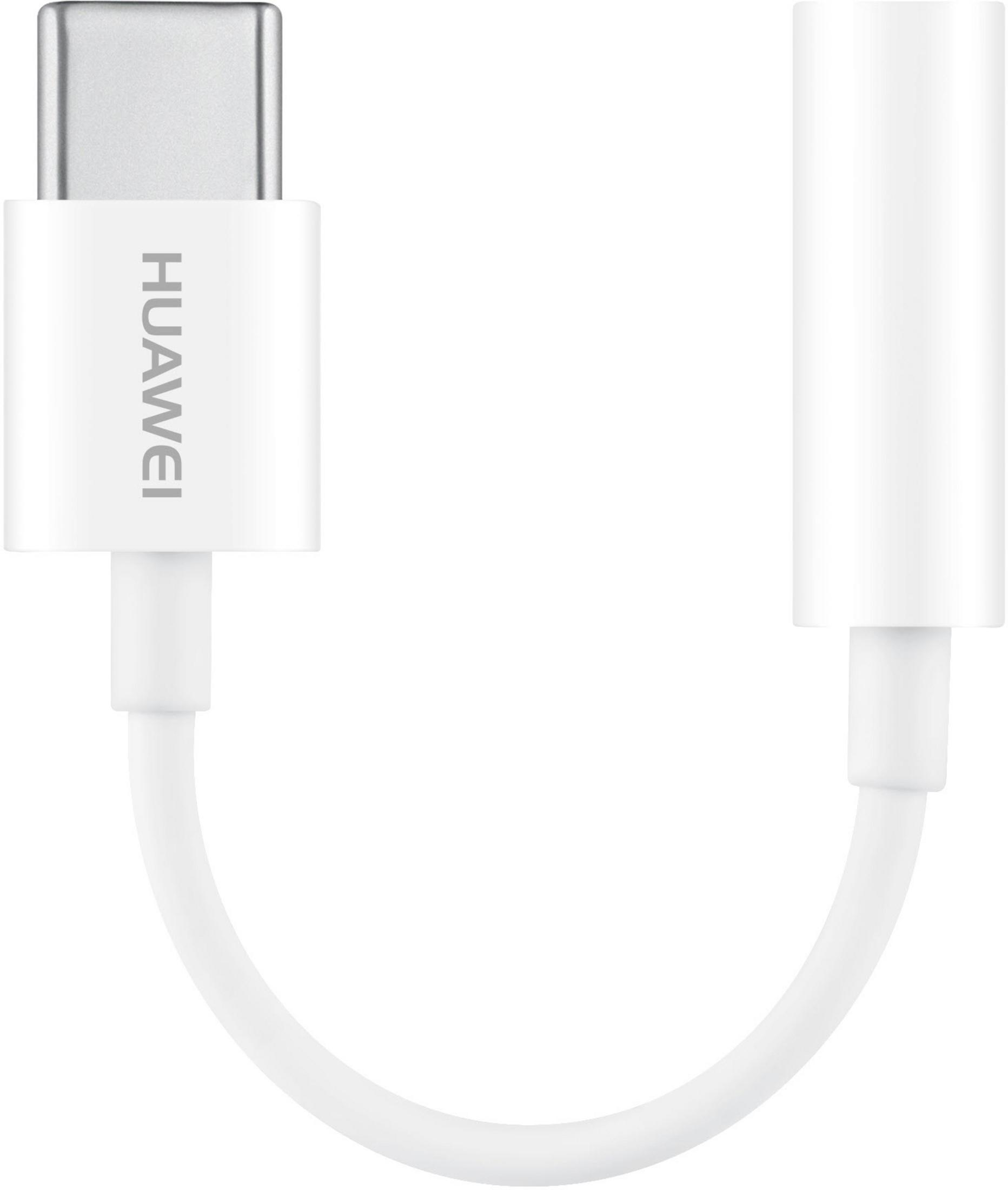 Biały kabel adaptera audio USB-C na 3,5 mm. Jeden koniec to USB-C, drugi to gniazdo audio 3,5 mm.