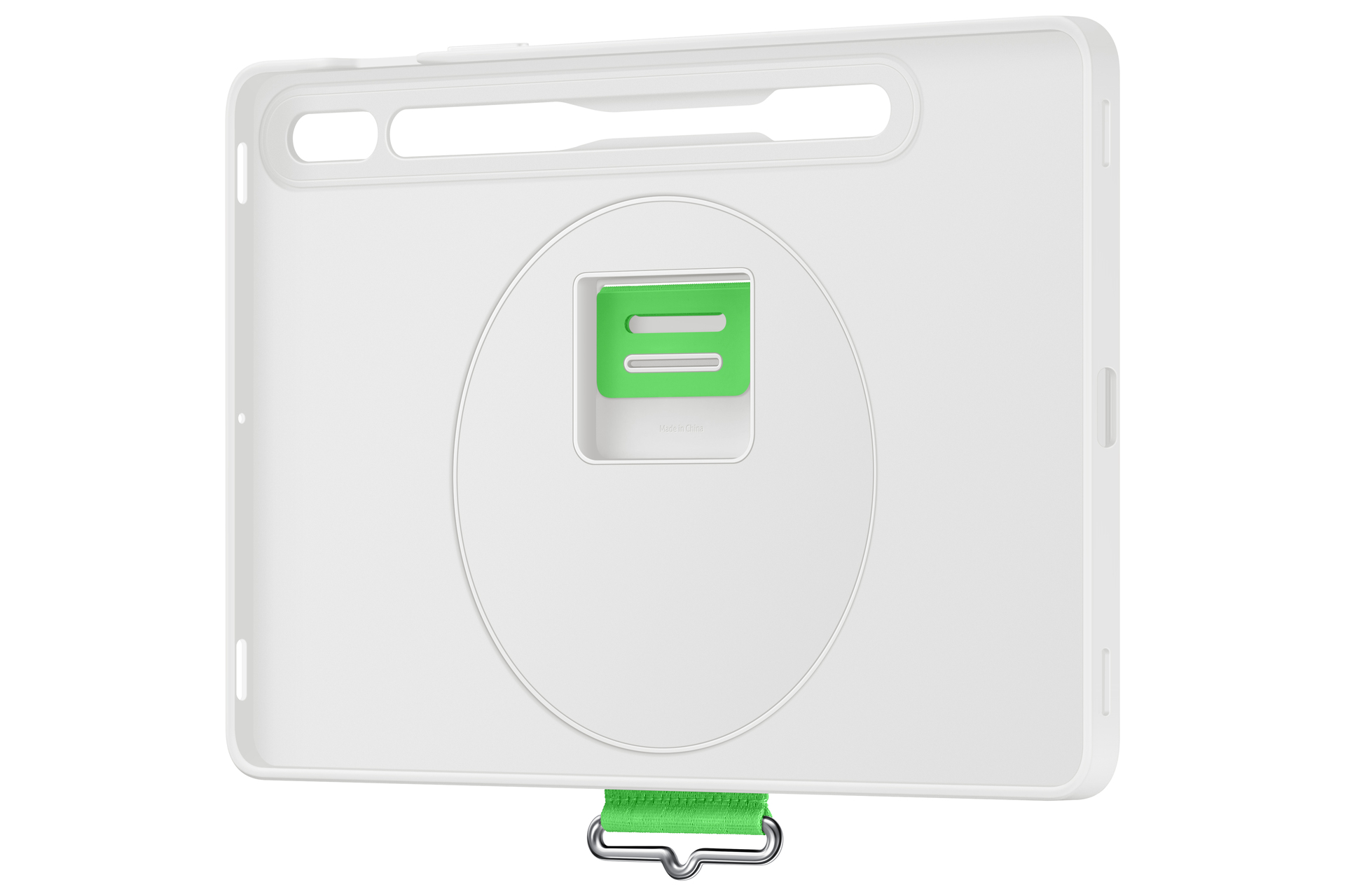 Funda blanca para tableta con detalles verdes y una correa verde.