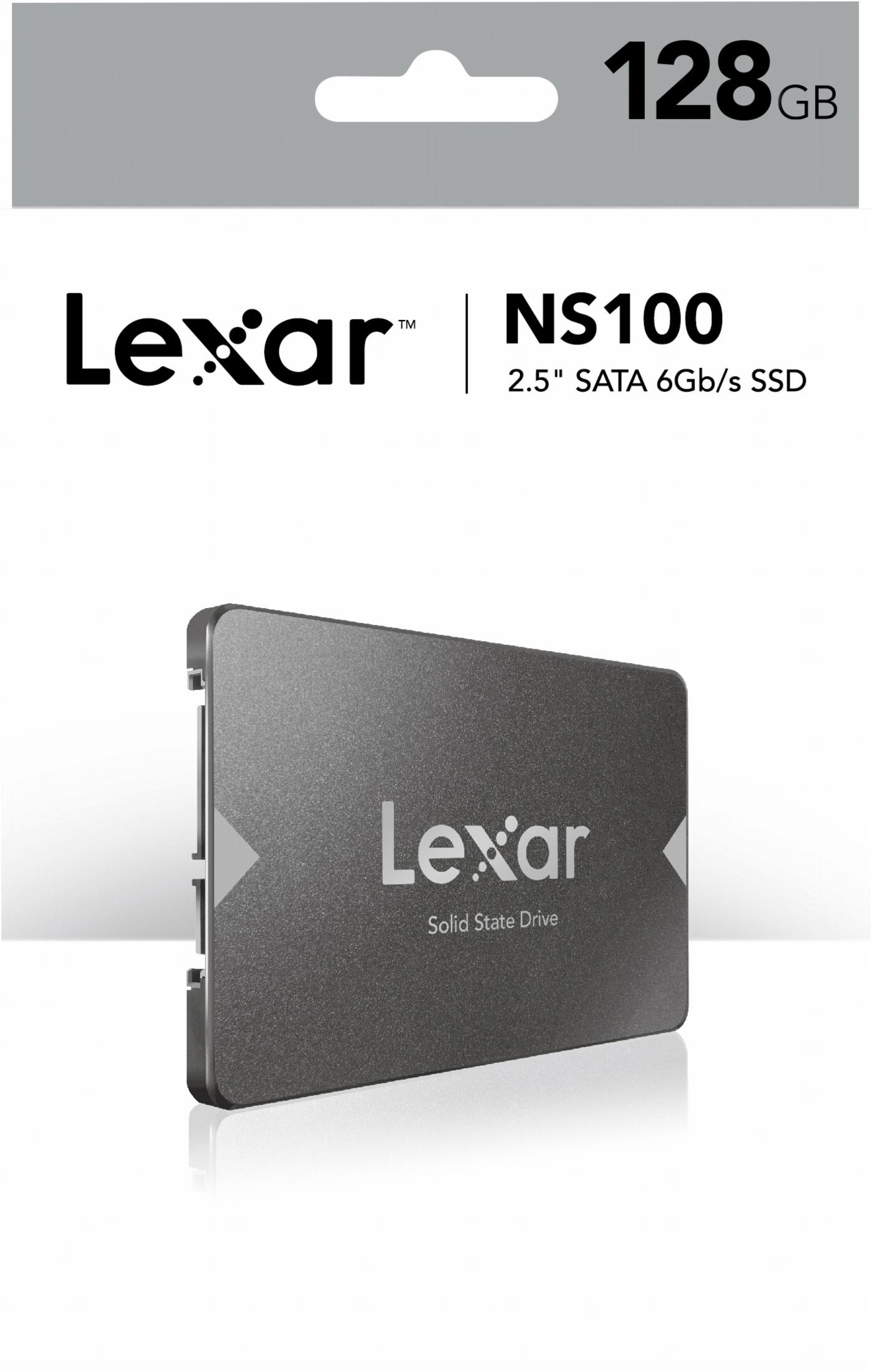 Dysk SSD Lexar z etykietą 128 GB na białym tle.
