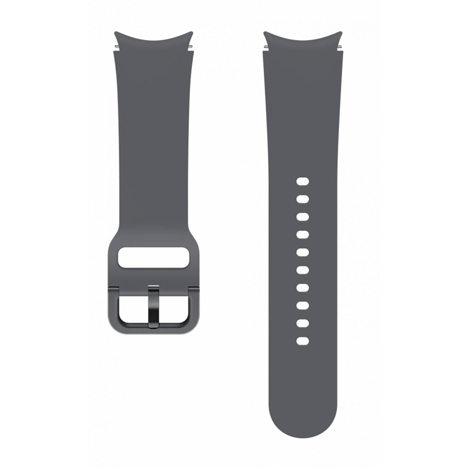 Dos correas de reloj grises, una con hebilla y otra con múltiples agujeros.