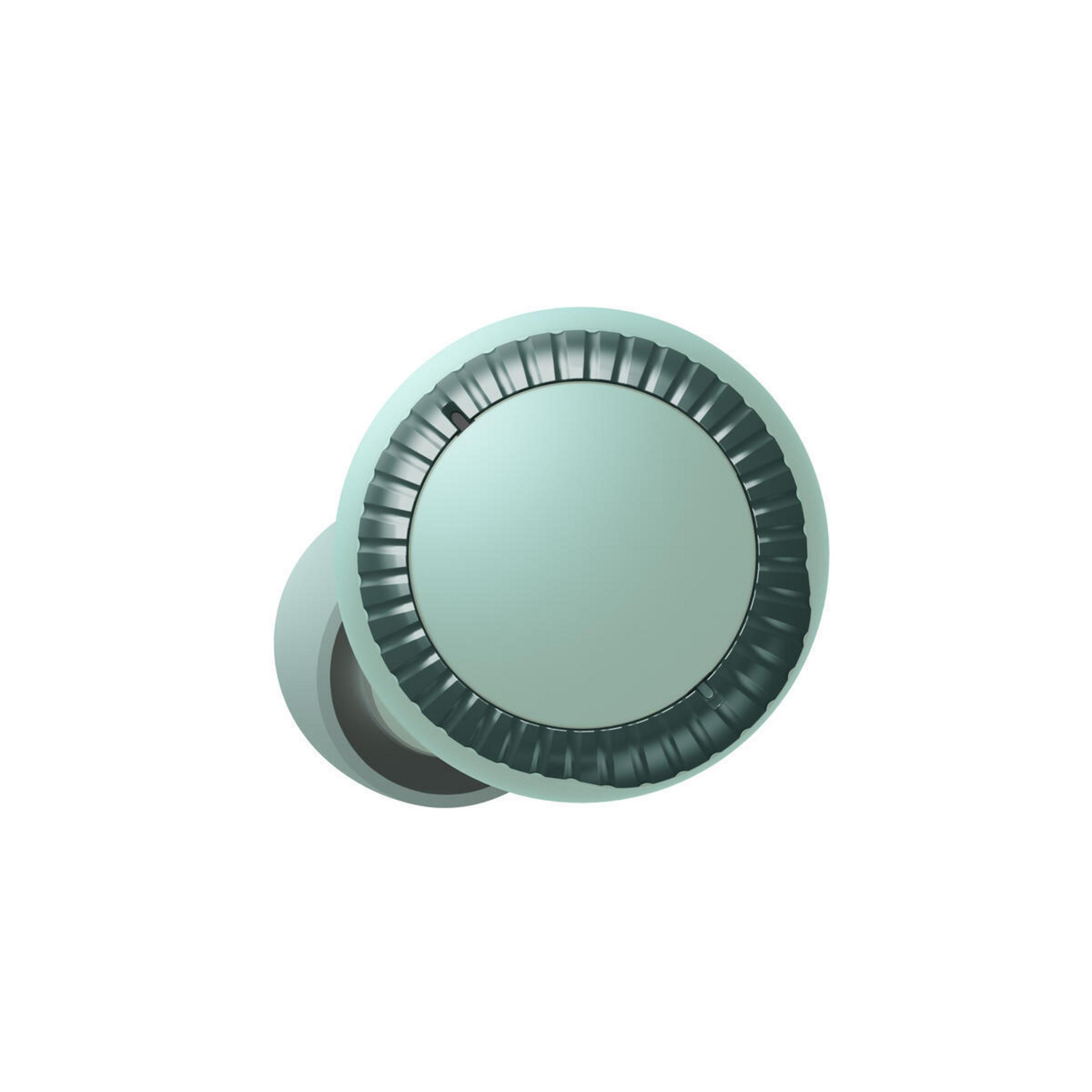 Turkusowa klamka z dekoracyjnym wzorem. Jest okrągła i ma matowe wykończenie.