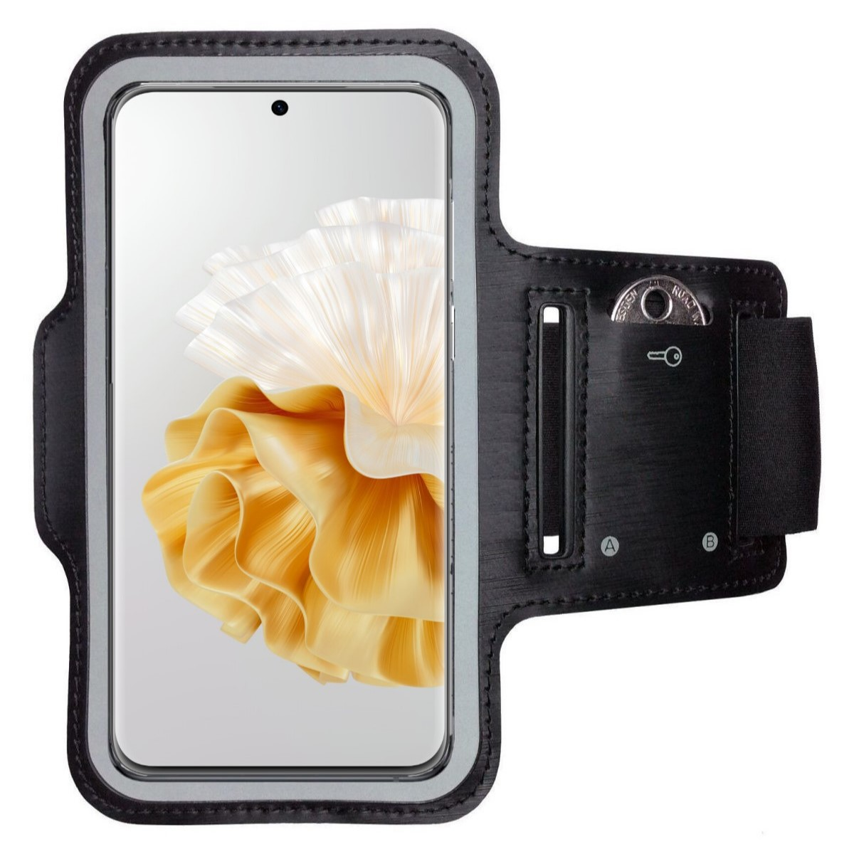 Schwarze Armbinde mit Smartphone, das ein gelbes Blumenbild zeigt. Sie hat eine Tasche mit Münze und Schlüssel.