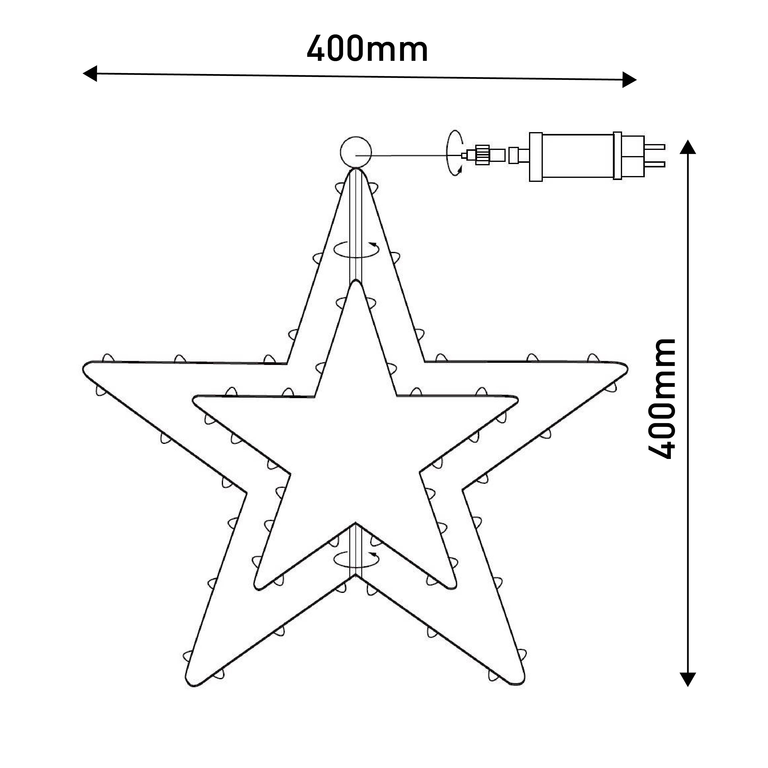 Strichzeichnung einer sternförmigen Leuchte mit Abmessungen und einem Netzteil-Diagramm.