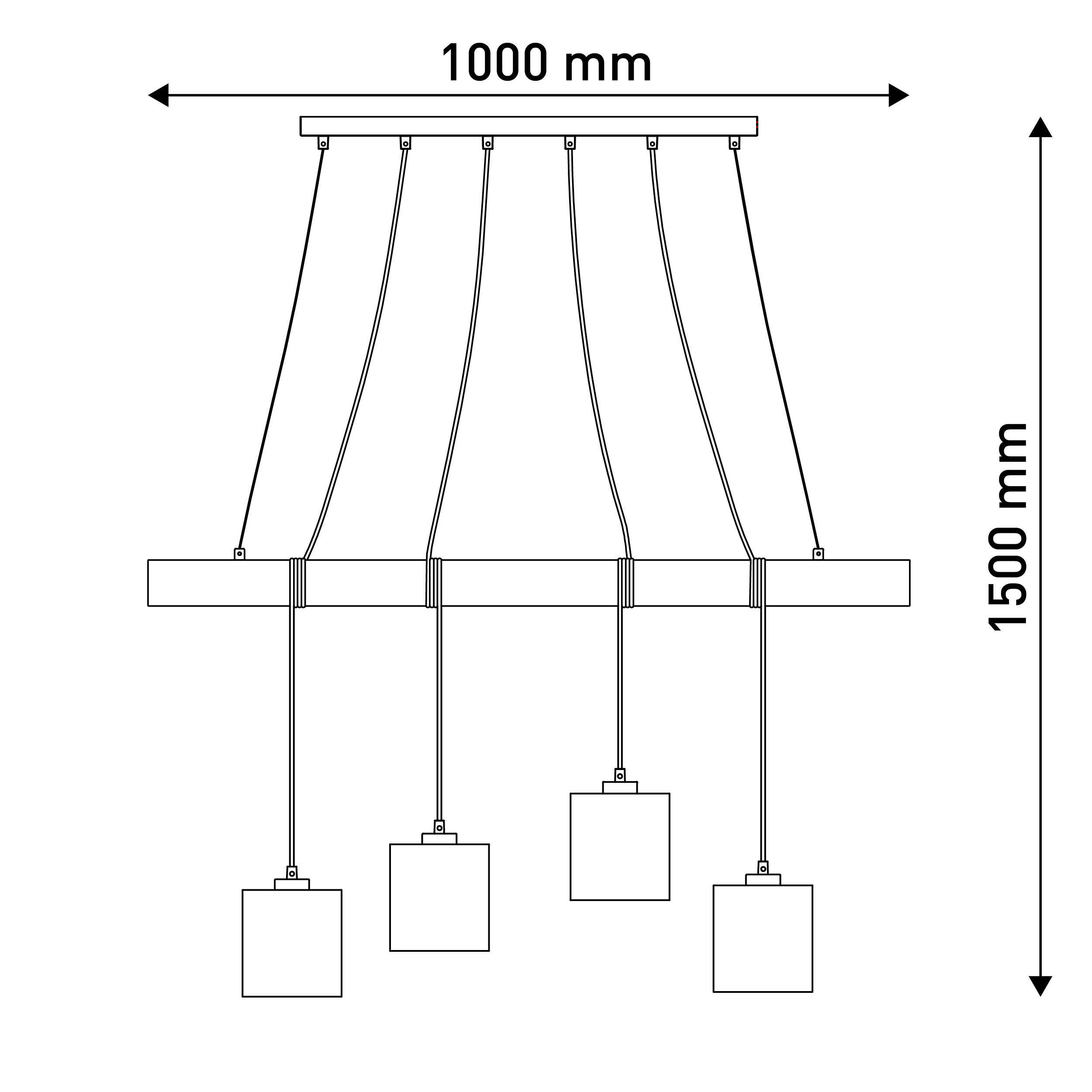 Ein Diagramm einer Hängelampe mit vier Lichtern. Das Diagramm zeigt Abmessungen von 1000 mm und 1500 mm.