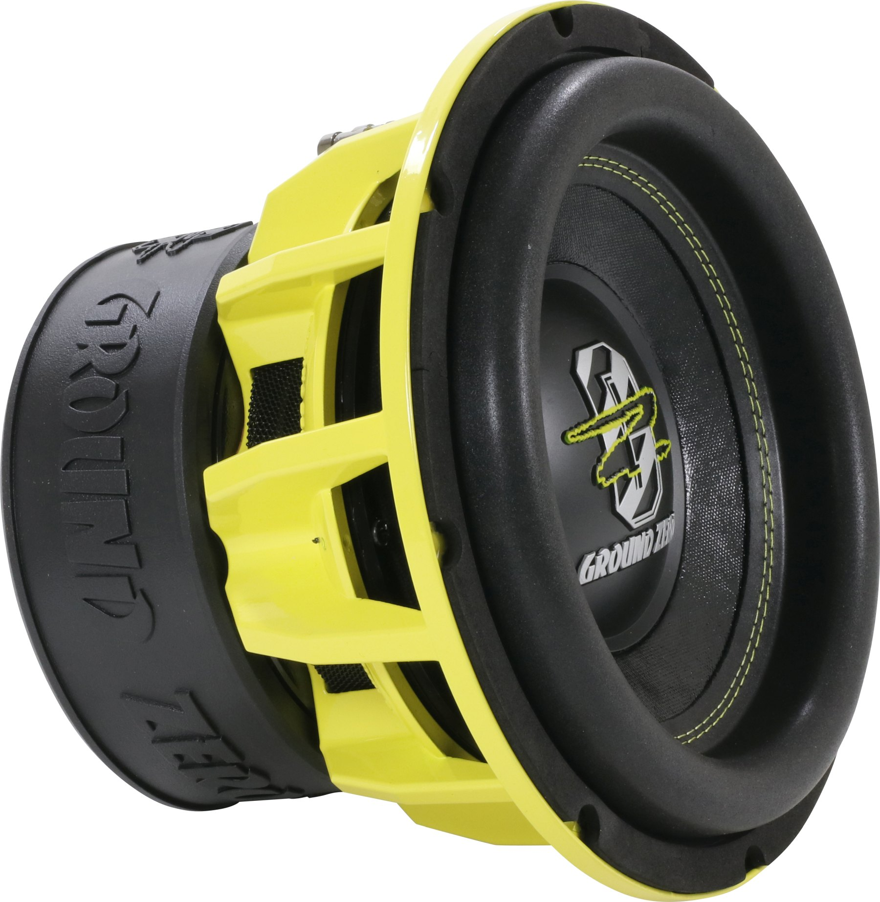 Ein gelber und schwarzer Subwoofer.