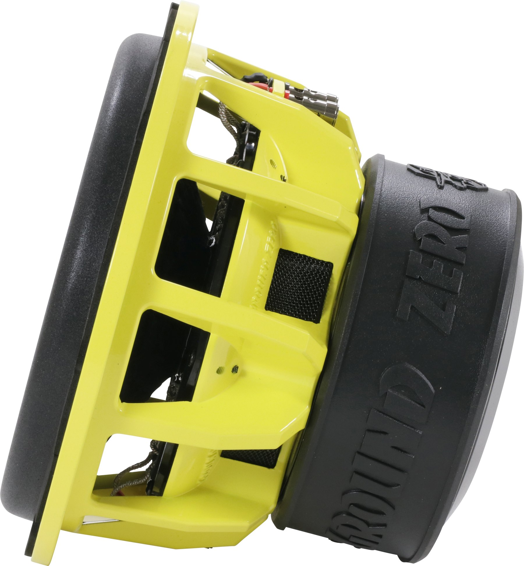 Gelber Subwoofer mit schwarzen Akzenten, Seitenansicht und Lautsprecherdetails zeigend.