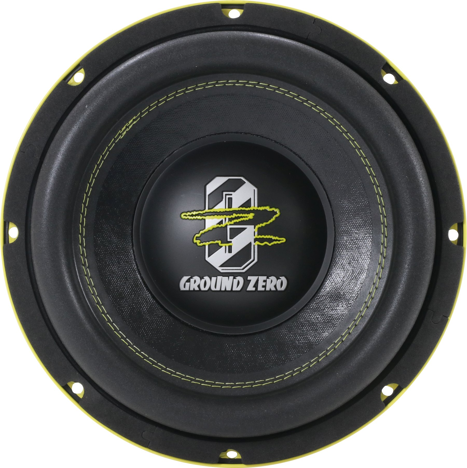 Ein schwarzer Ground Zero Subwoofer. Er hat eine gelbe Naht um den Lautsprecher und ein Logo in der Mitte.