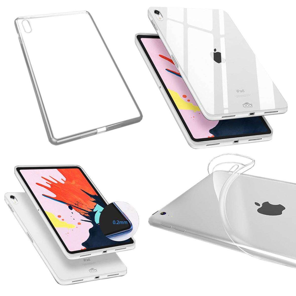 Transparente iPad-Hüllen, die das Gerät und seine Funktionen zeigen.