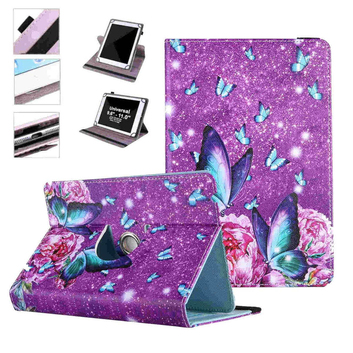 Eine lila Tablet-Hülle mit Schmetterlingen und Blumen, geöffnet, mit einem Tablet.