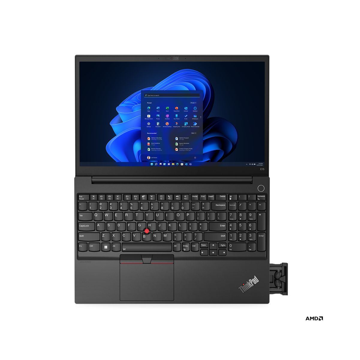 Ordenador portátil negro con pantalla abierta, teclado visible y puerto lateral. Interfaz de Windows.