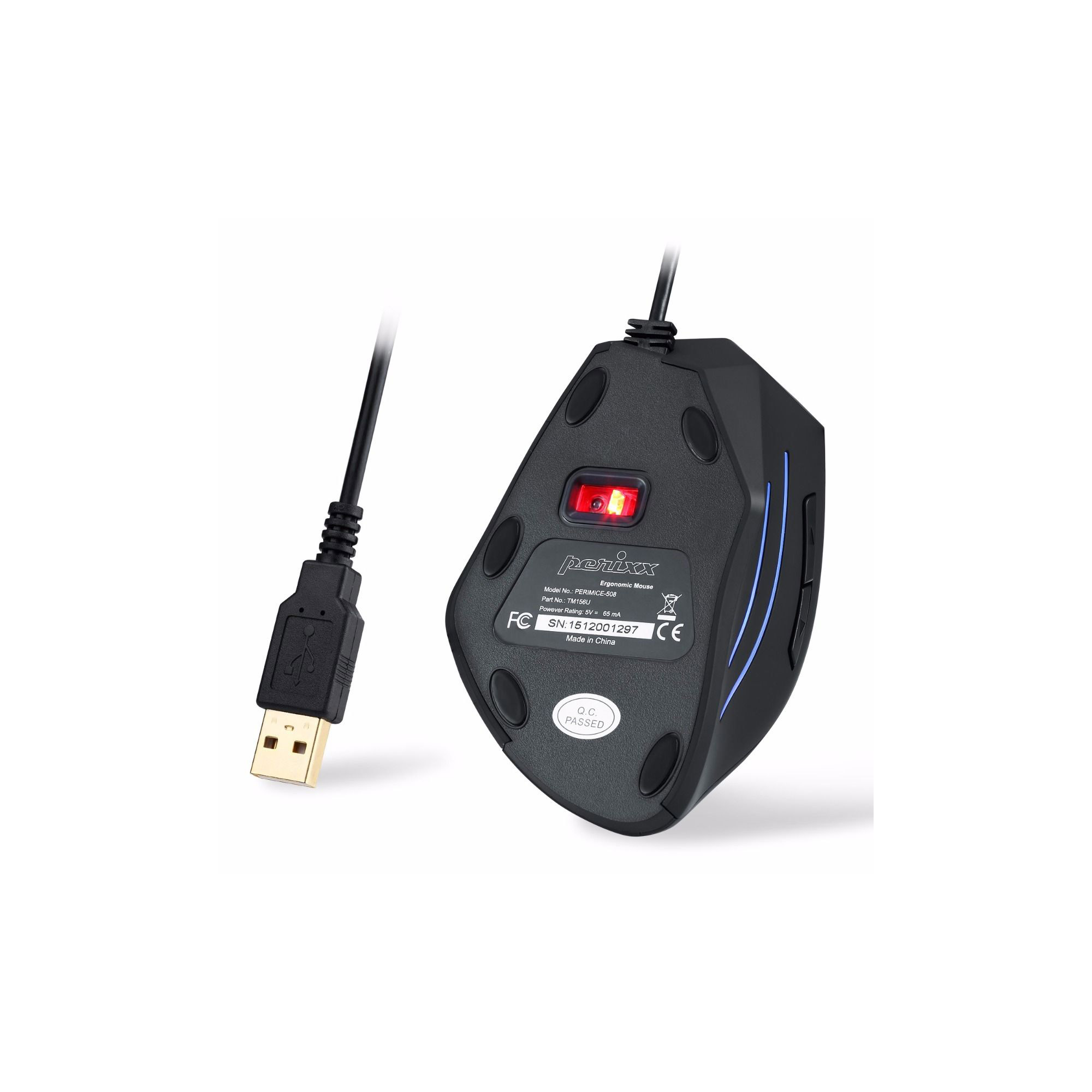 Eine schwarze Gaming-Maus mit USB-Kabel und die Unterseite der Maus nach oben, zeigt die Details.