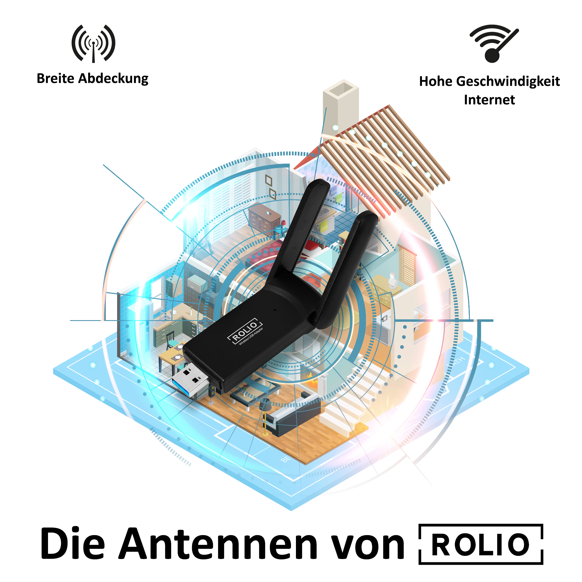 Rolio wifi extender with a house illustration, and a person's drawing of a home wifi signal.