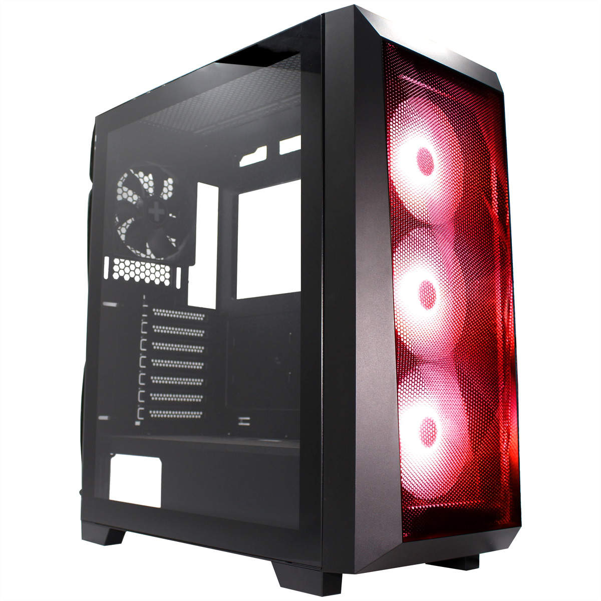 Een zwarte gaming pc-kast met rood verlichte ventilatoren en een glazen zijpaneel.