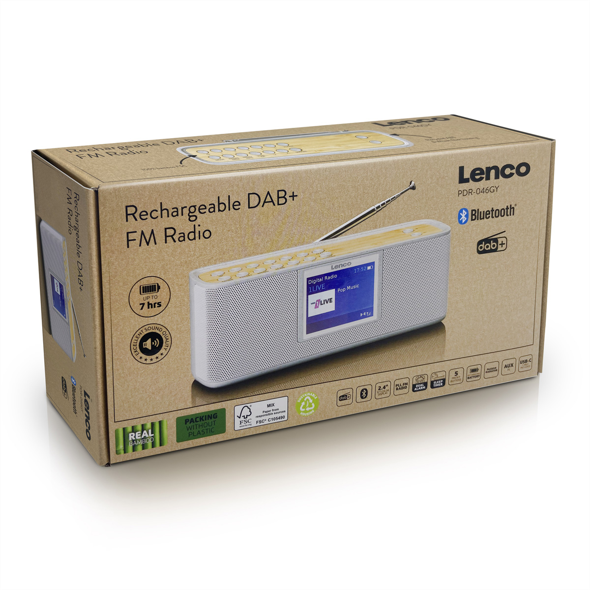 Box für ein wiederaufladbares DAB+ FM-Radio. Zu den Merkmalen gehören Bluetooth, ein kleiner Bildschirm und ein Lautsprecher.