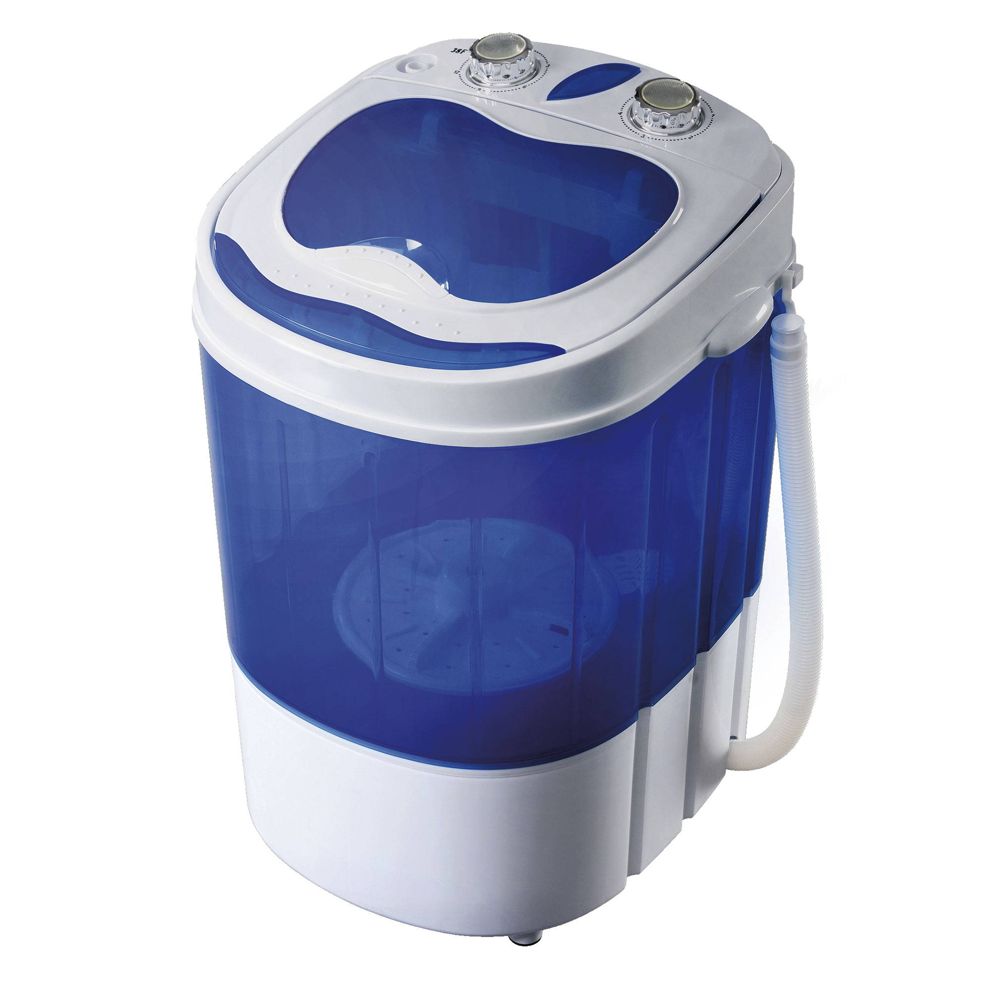 Una lavadora portátil blanca y azul. Tiene un diseño de carga superior con dos perillas.