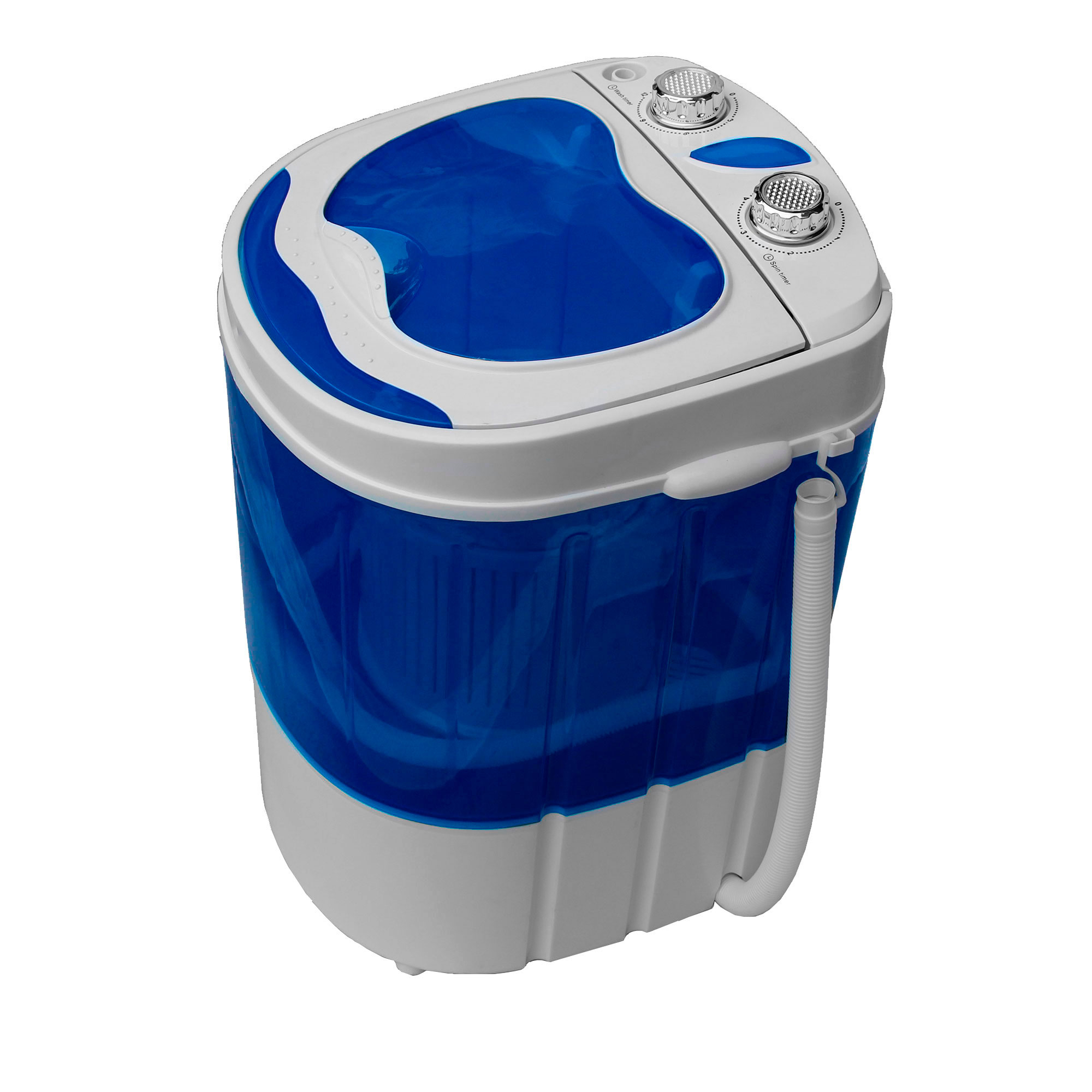 Lavadora portátil azul y blanca. La parte superior tiene controles y el lateral una salida de agua.