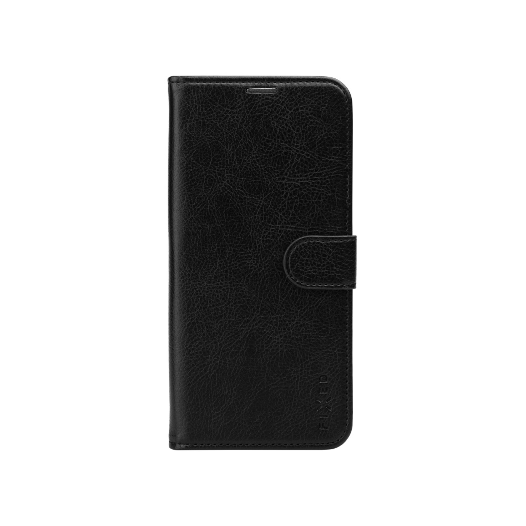 Schwarze Leder-Handyhülle mit Knopfverschluss, geschlossen.