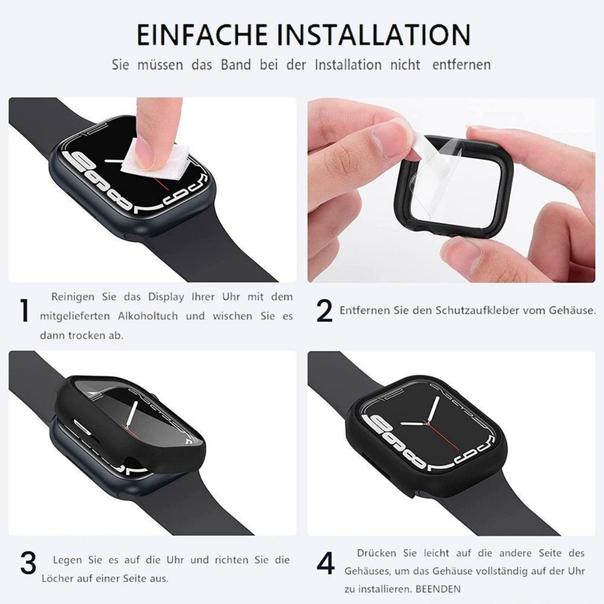 Vier-Schritte-Anleitung zur Installation eines Uhrengehäuses mit schwarzer Uhr und schwarzem Gehäuse.
