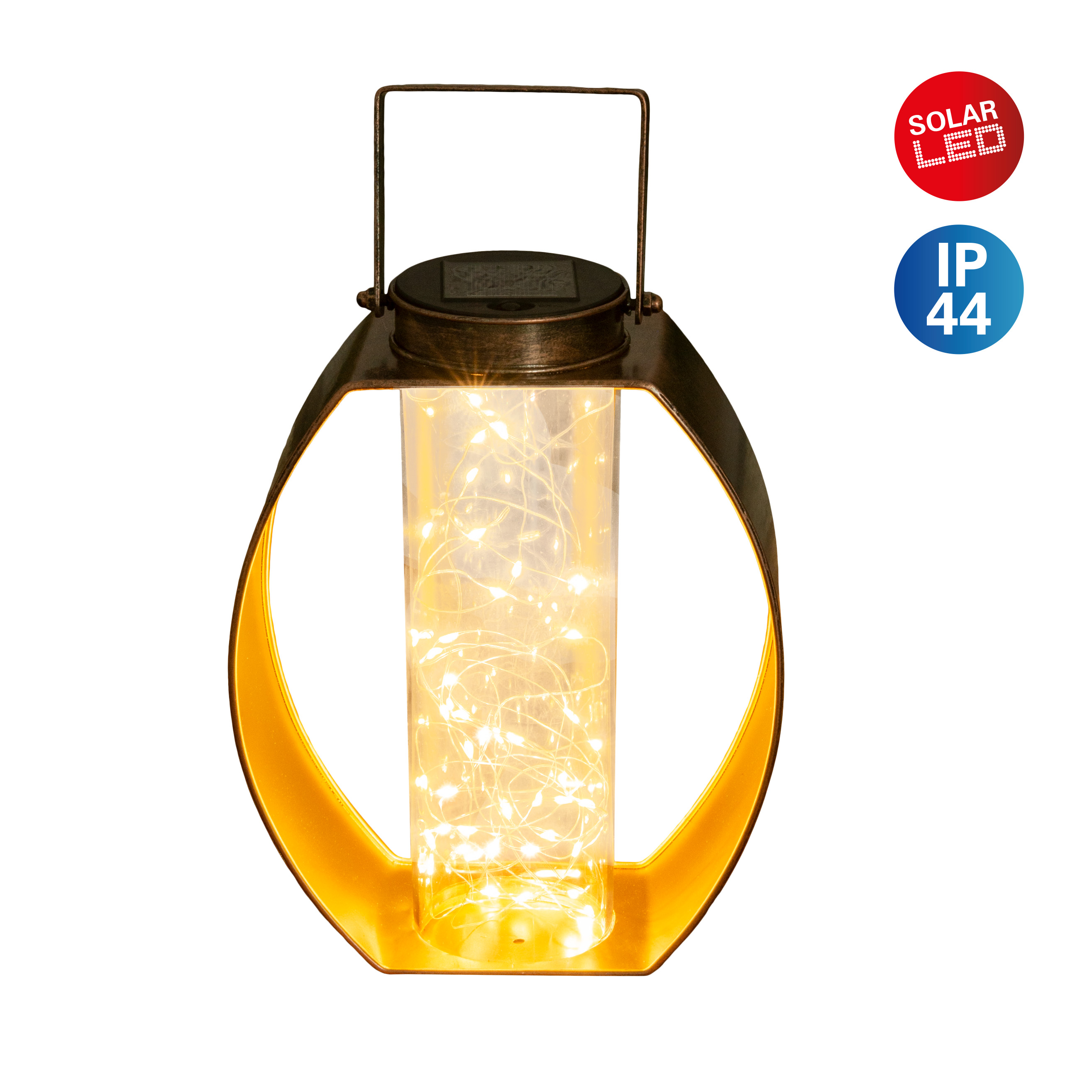 Solar-LED-Laterne mit Lichtern. Bronzefarbener Rahmen, transparente Röhre. Solar- und IP44-Etiketten.