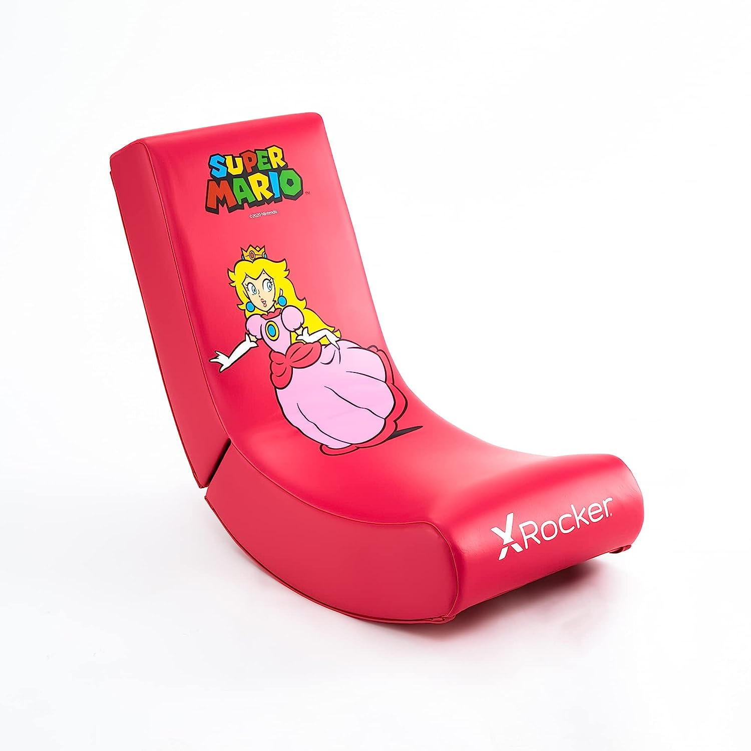 Een rode schommelstoel met een Super Mario design, met Princess Peach.