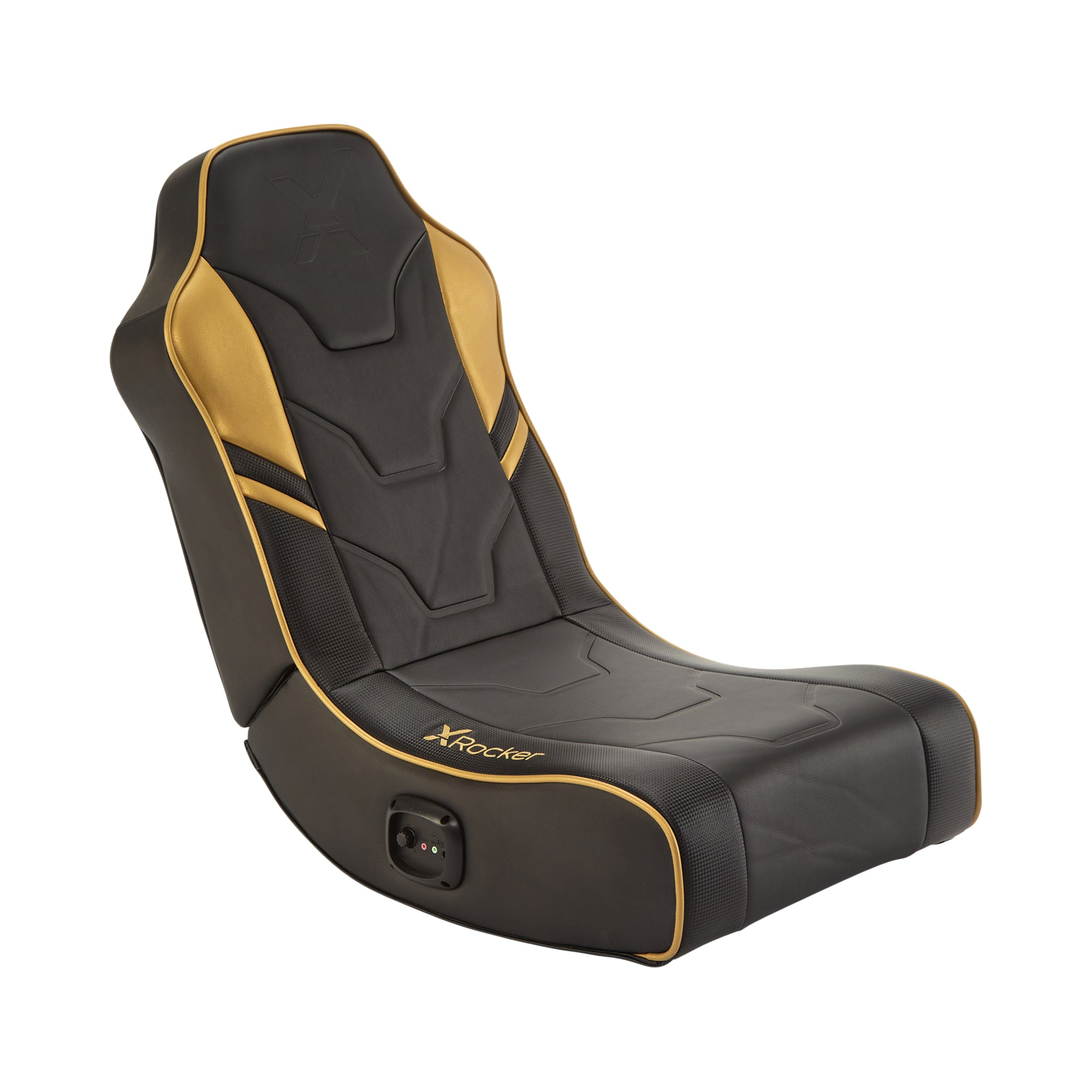 Schwarzer und goldener Gaming-Stuhl mit Logo. Mit Kopfstütze und verstellbaren Armlehnen.
