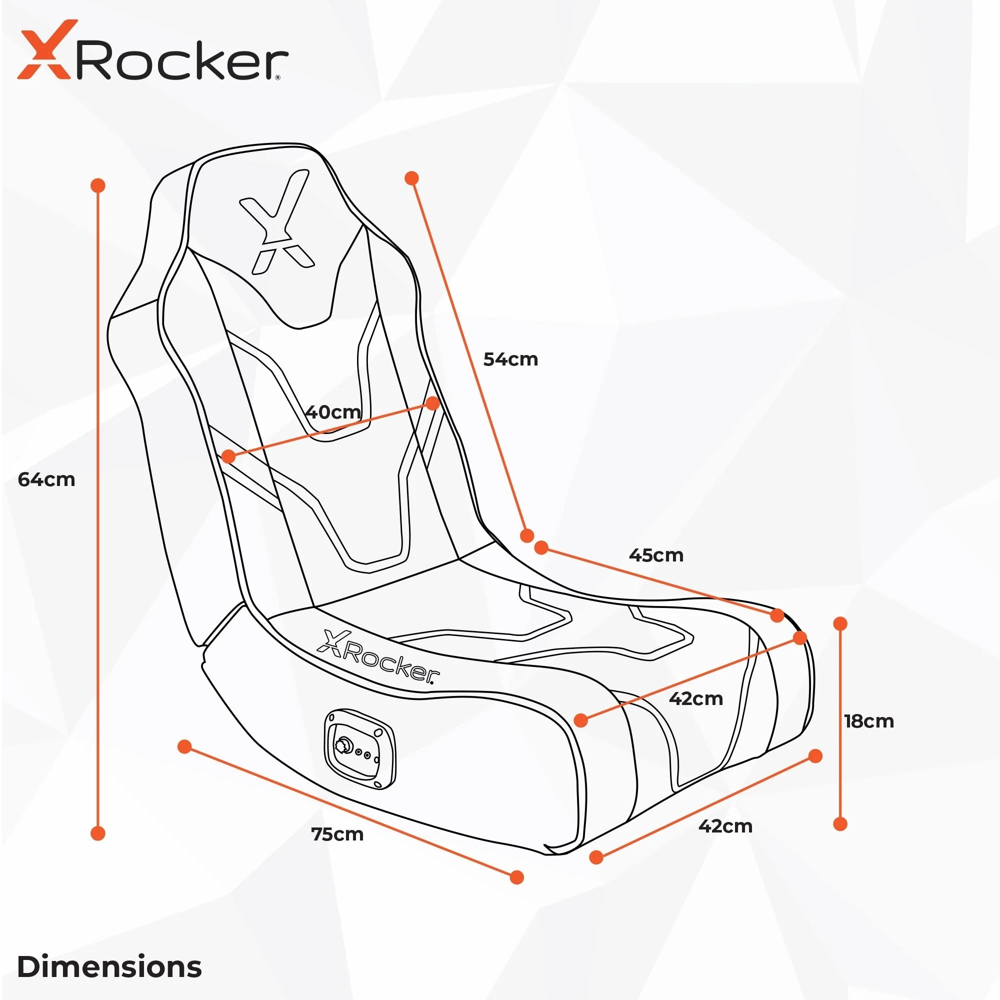Umriss eines Gaming-Stuhls mit Abmessungen. Der Stuhl ist schwarz und hat ein geschwungenes Design.