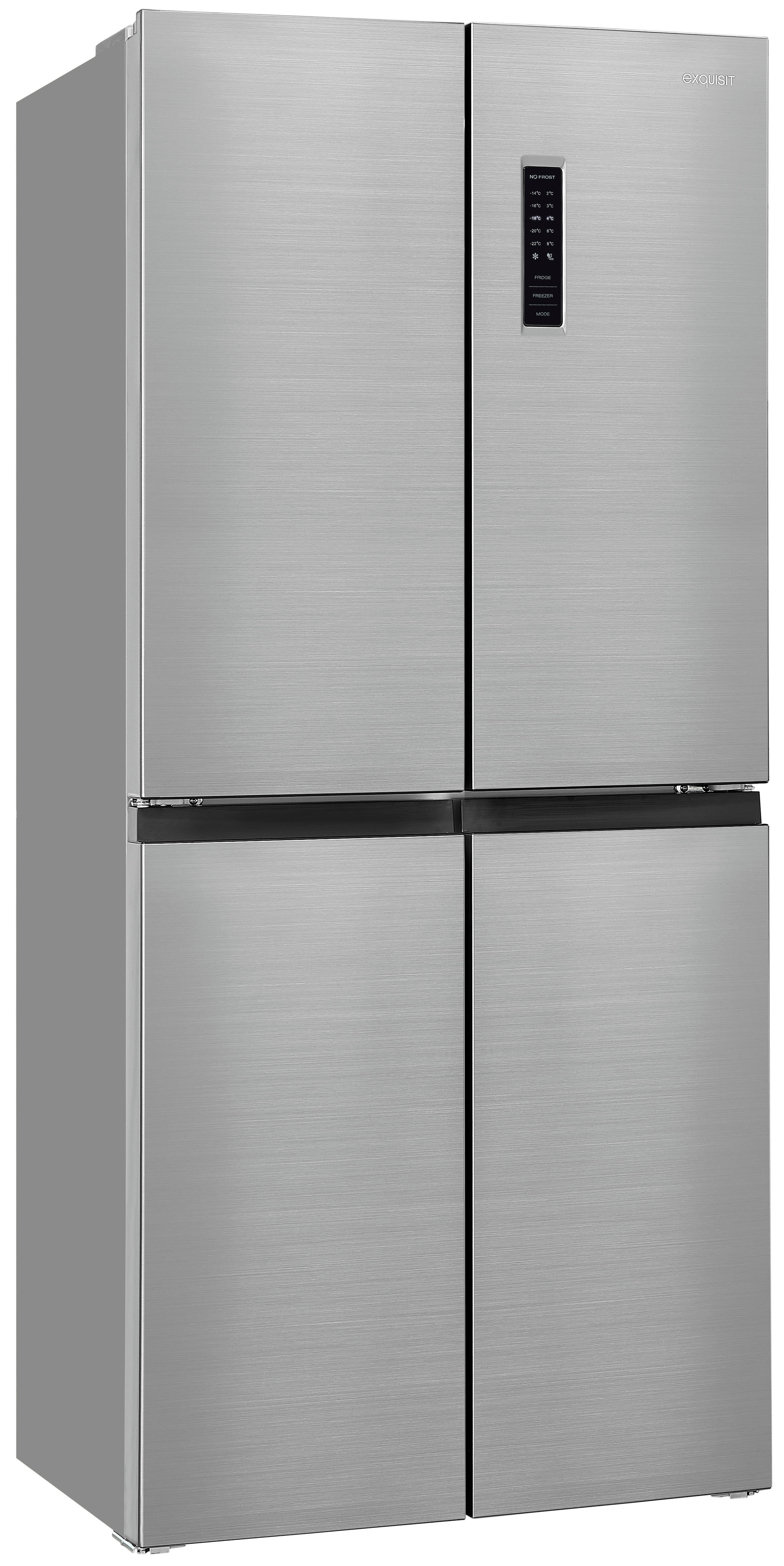 Refrigerador de acero inoxidable con cuatro puertas. Las puertas están cerradas, mostrando una pantalla digital arriba a la derecha.