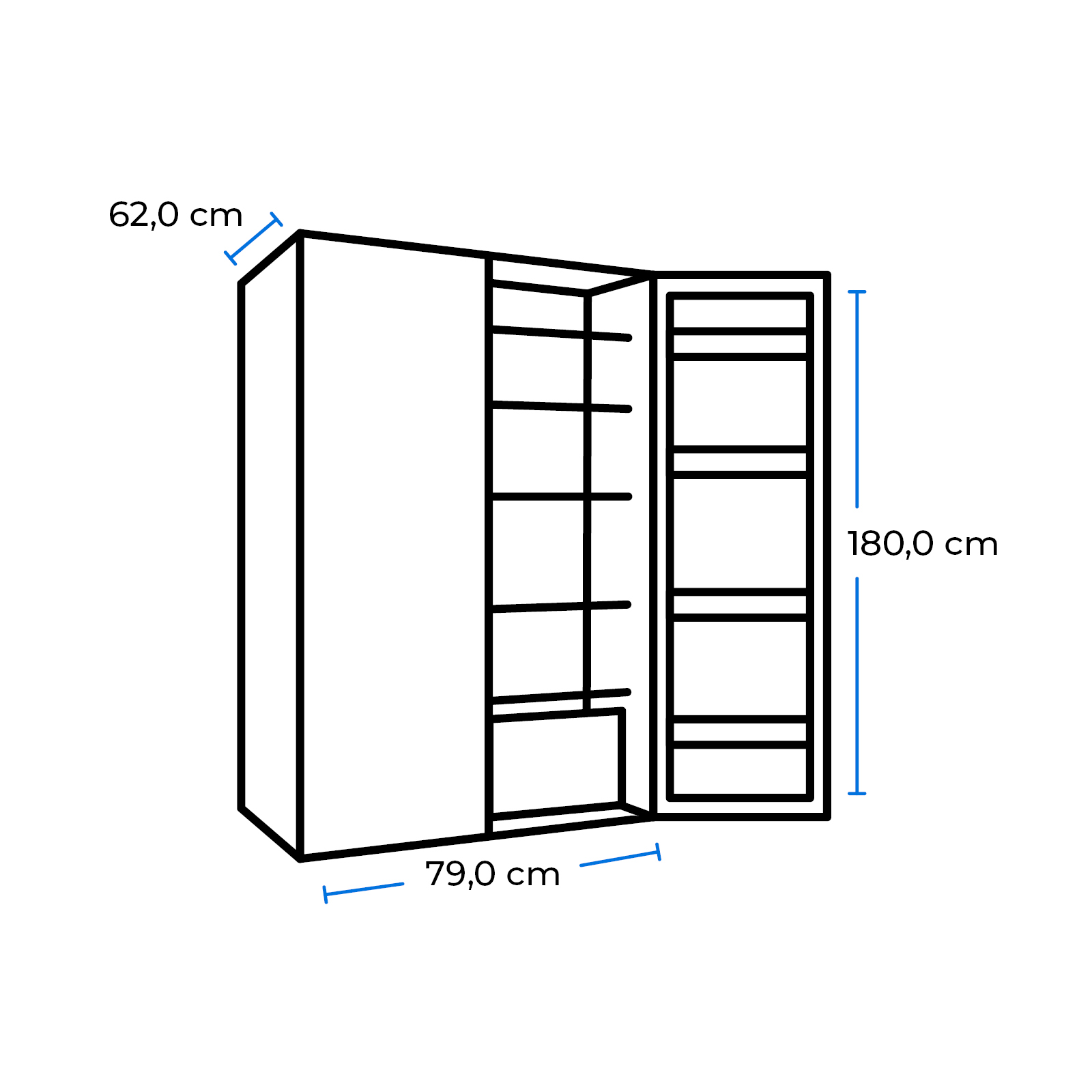 Ein Schrank-Bauplan mit Maßen. Es hat zwei Türen und Inneneinlegeböden. Weißer Hintergrund, schwarze Linien.