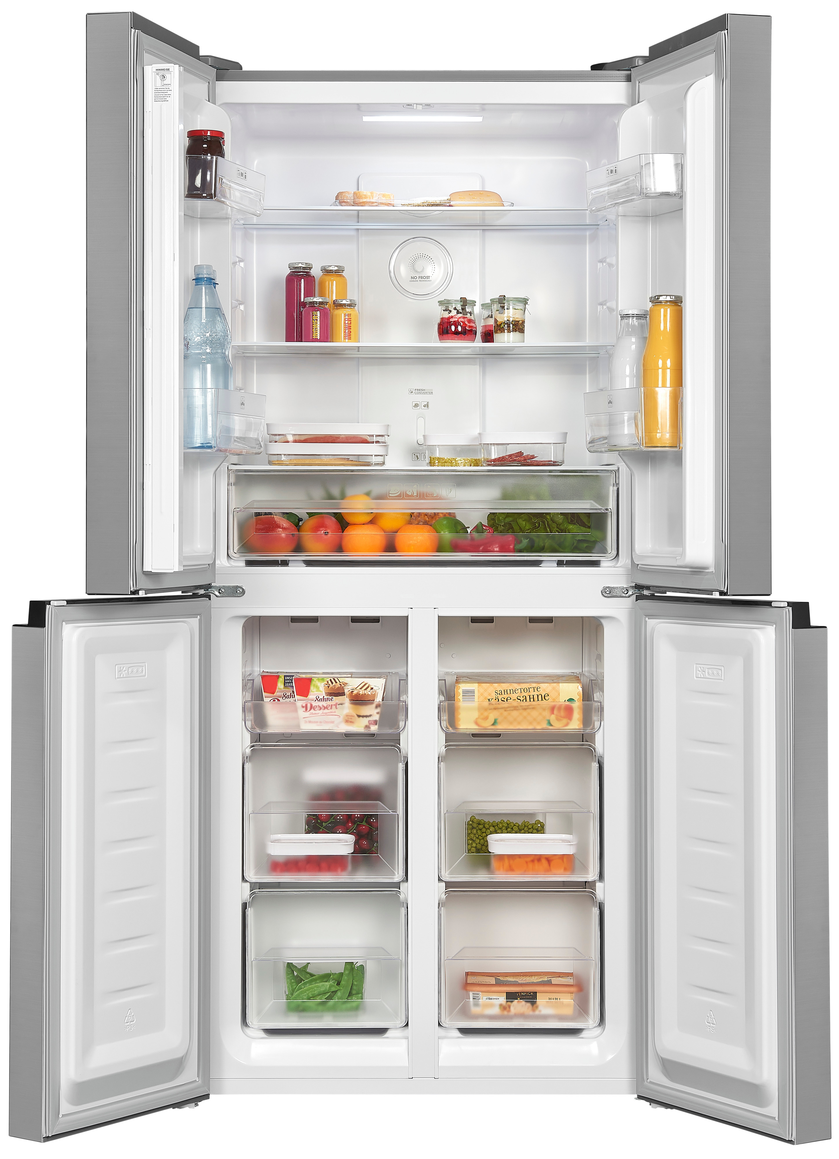 Refrigerador abierto con estantes llenos de comida. Secciones superior e inferior visibles.