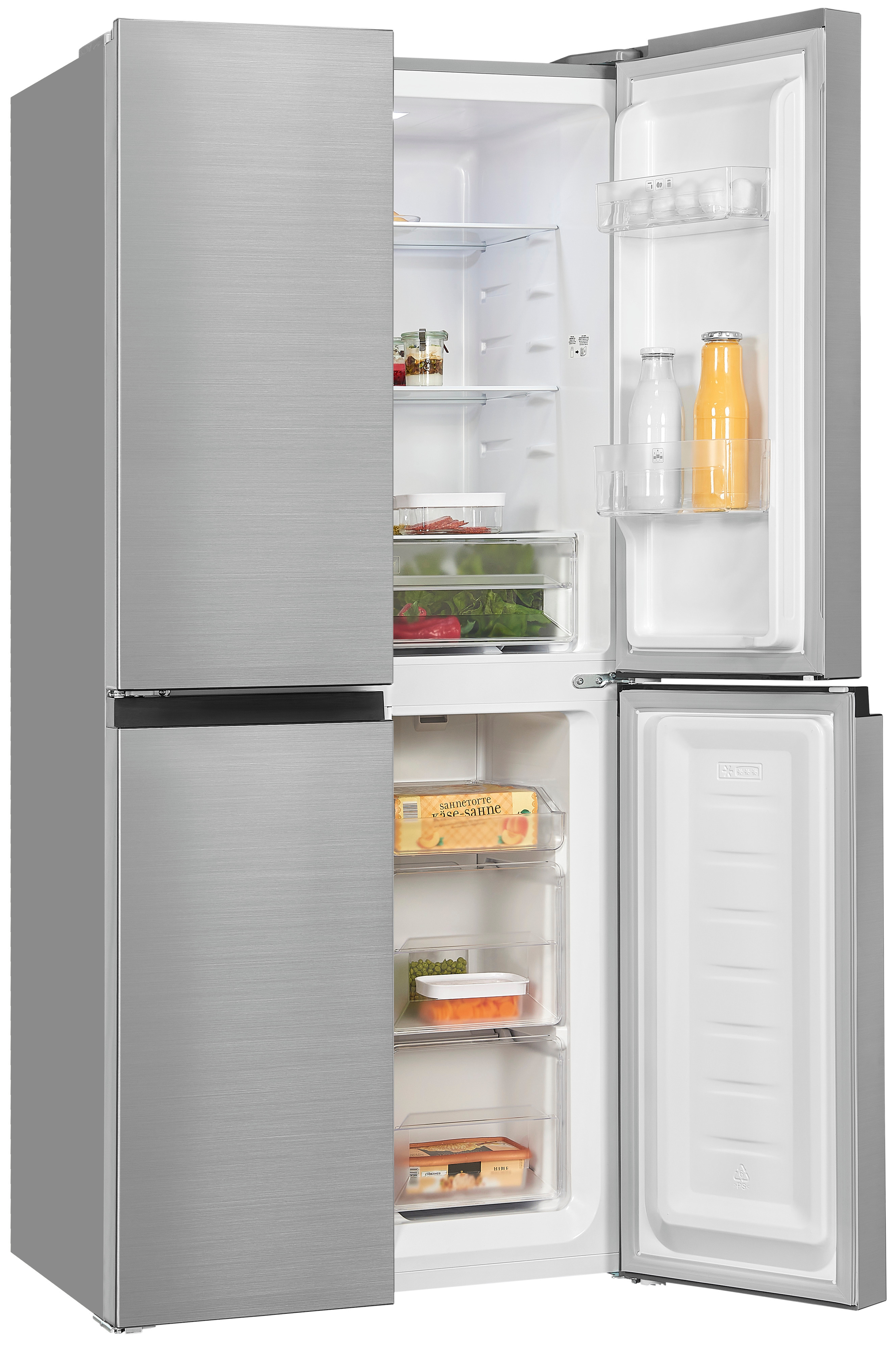 Refrigerador plateado con múltiples compartimentos de puertas abiertos.