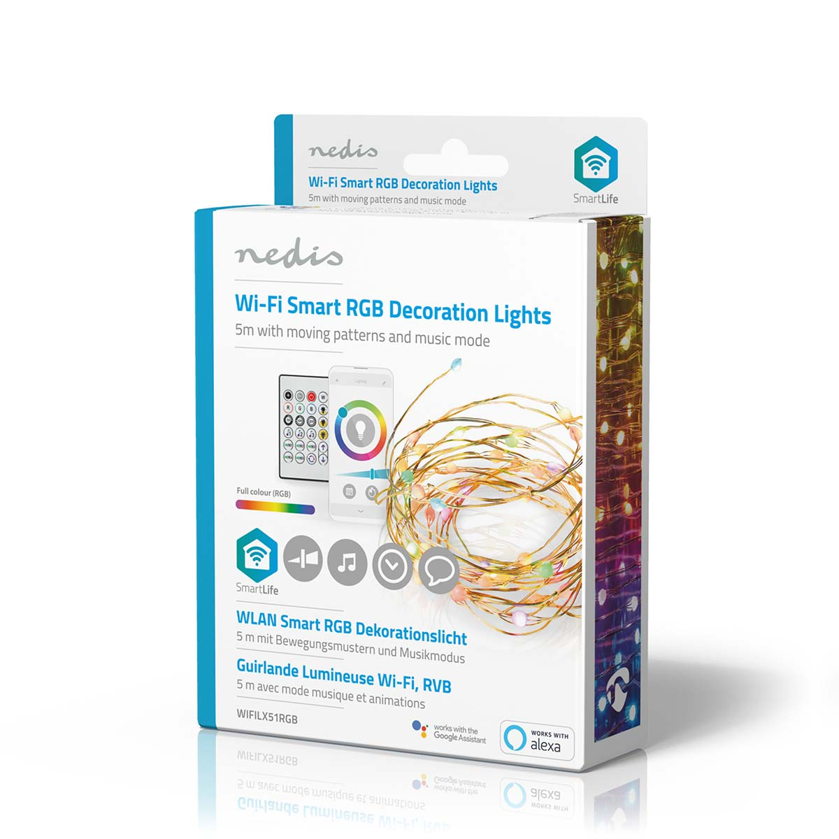 Scatola di luci decorative RGB intelligenti Wi-Fi. La scatola mostra le luci e un telecomando. Sfondo bianco.