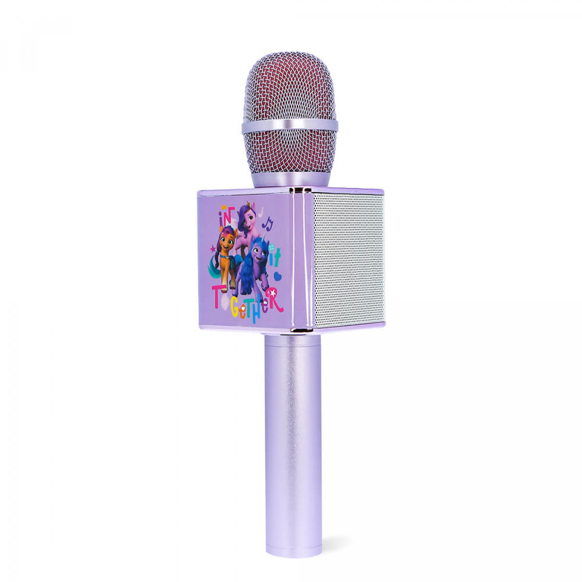 Un microfono viola con altoparlante e personaggi di My Little Pony.