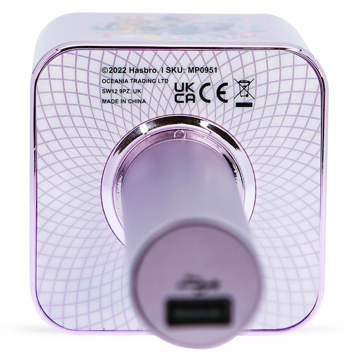 Caricatore viola con marchi UKCA e CE e porta USB.