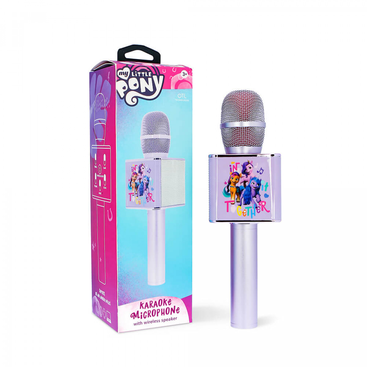 Microfono karaoke viola con altoparlante, tema My Little Pony, su sfondo bianco.