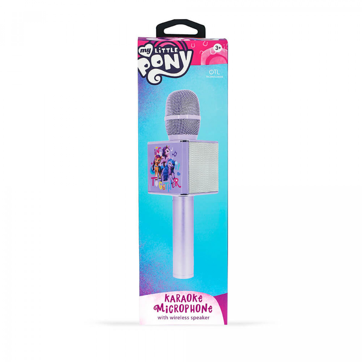 Microfono karaoke viola con altoparlante, marchio My Little Pony sulla confezione.