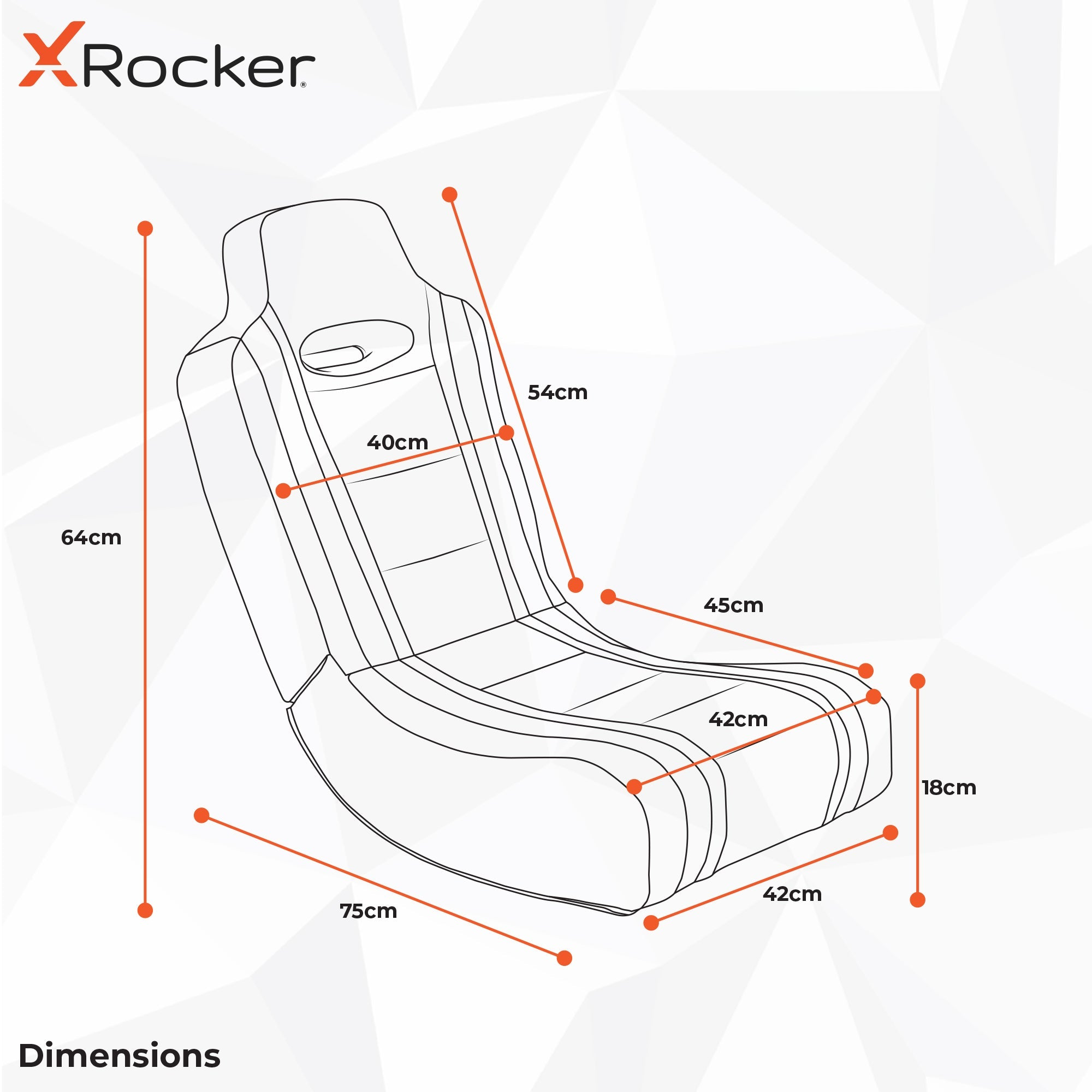 Diagramm eines XRocked Gaming-Stuhls mit Abmessungen in Zentimetern und Logo.