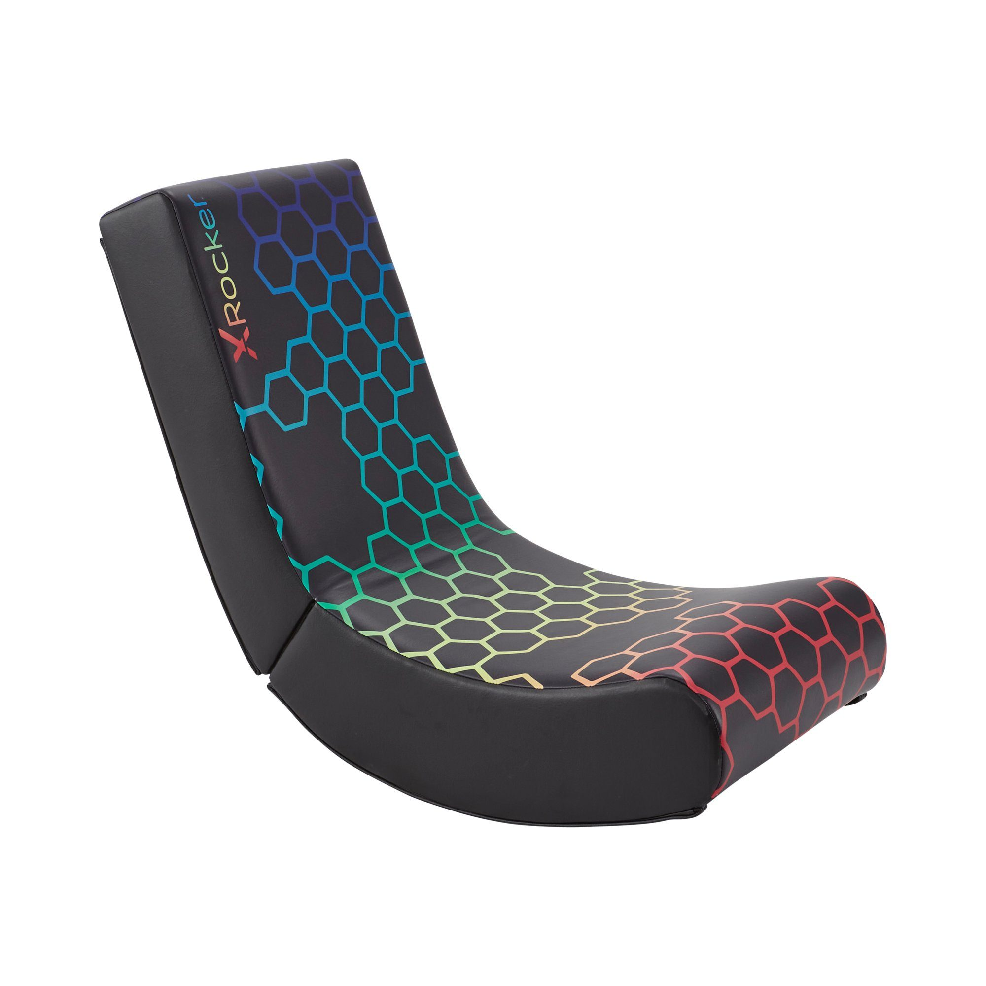 Schwarzer Gaming-Stuhl mit sechseckigem Muster, geschwungenem Design und farbenfrohem Farbverlauf.