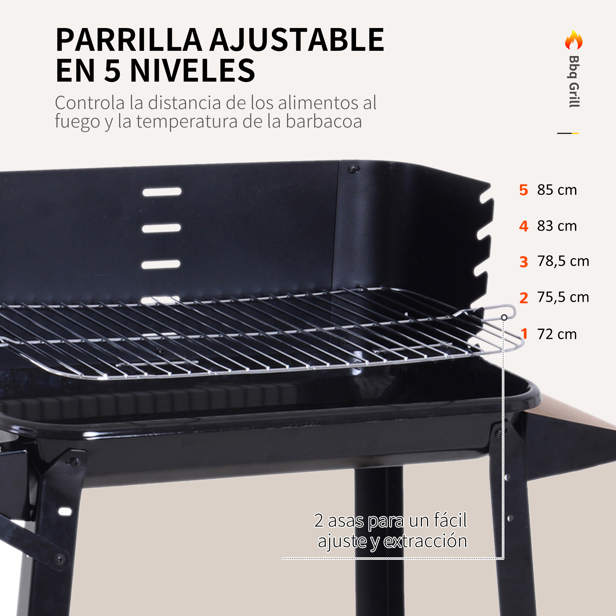 Una parrilla negra con niveles ajustables, mostrando la distancia de los alimentos al fuego y medidas.