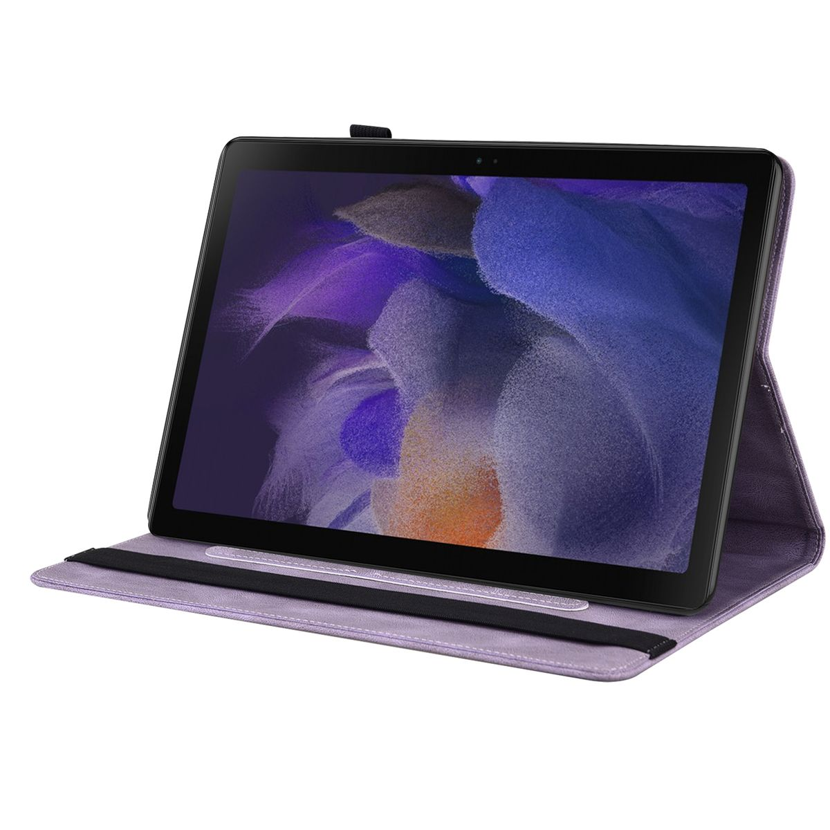 Ein Tablet in einer lila Hülle.