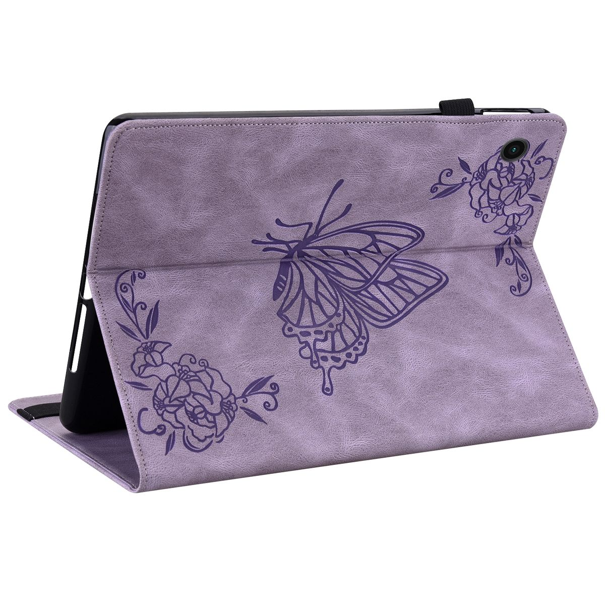 Lila Tablet-Hülle mit Schmetterlings- und Blumendesign.