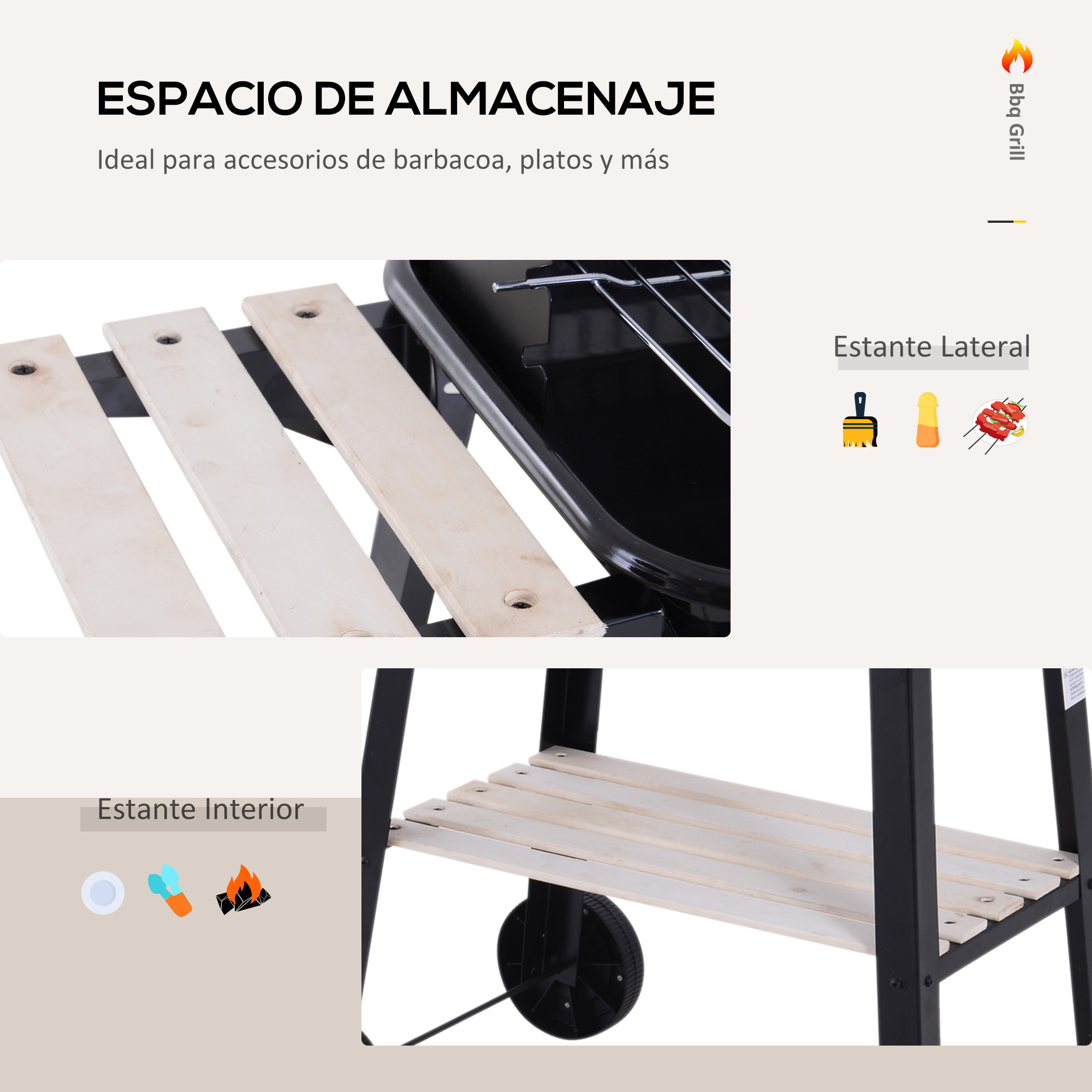 Parrilla de barbacoa con espacio de almacenamiento, que muestra estantes y mesa auxiliar y la parrilla.