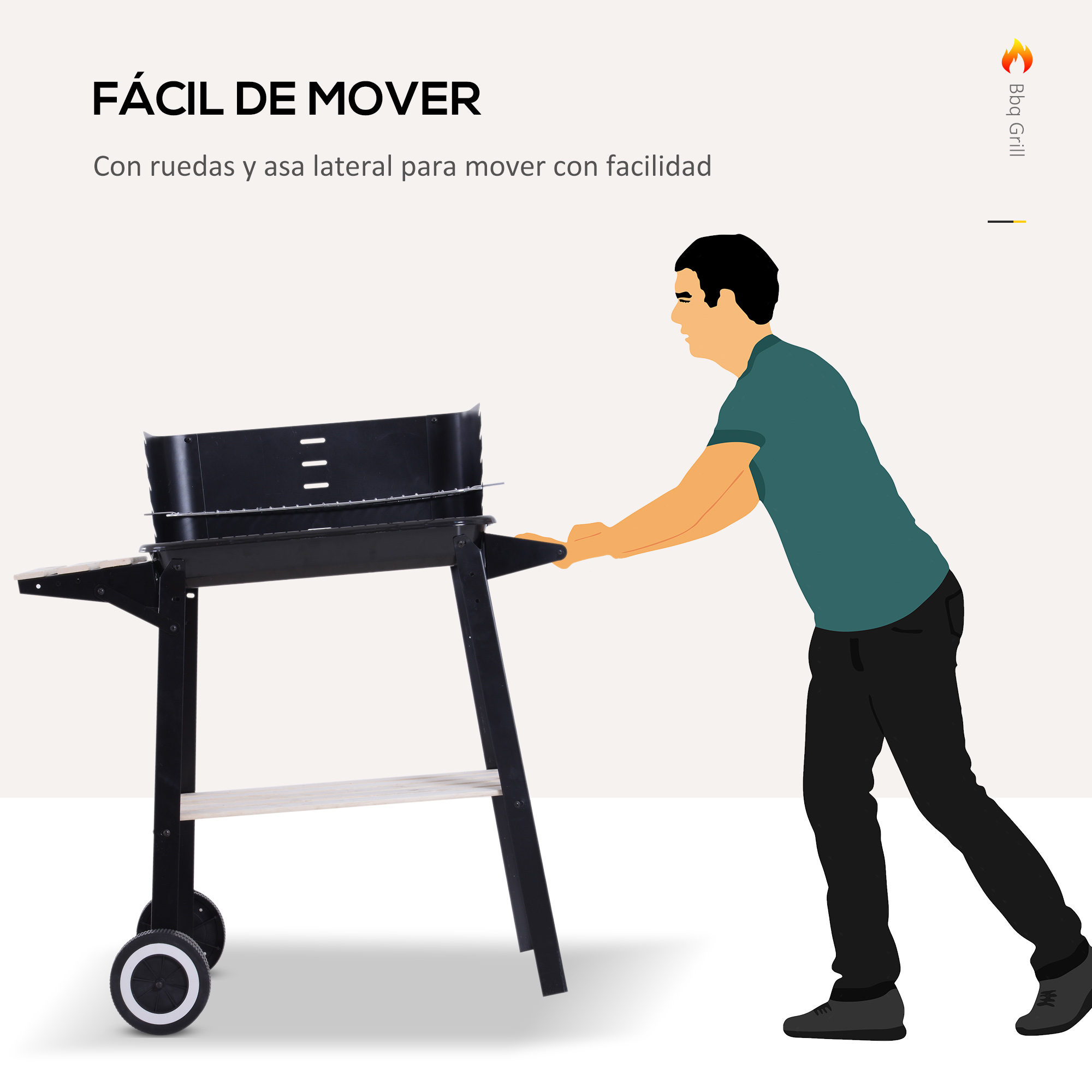 Un hombre empujando una parrilla negra sobre ruedas, con una mesa lateral.