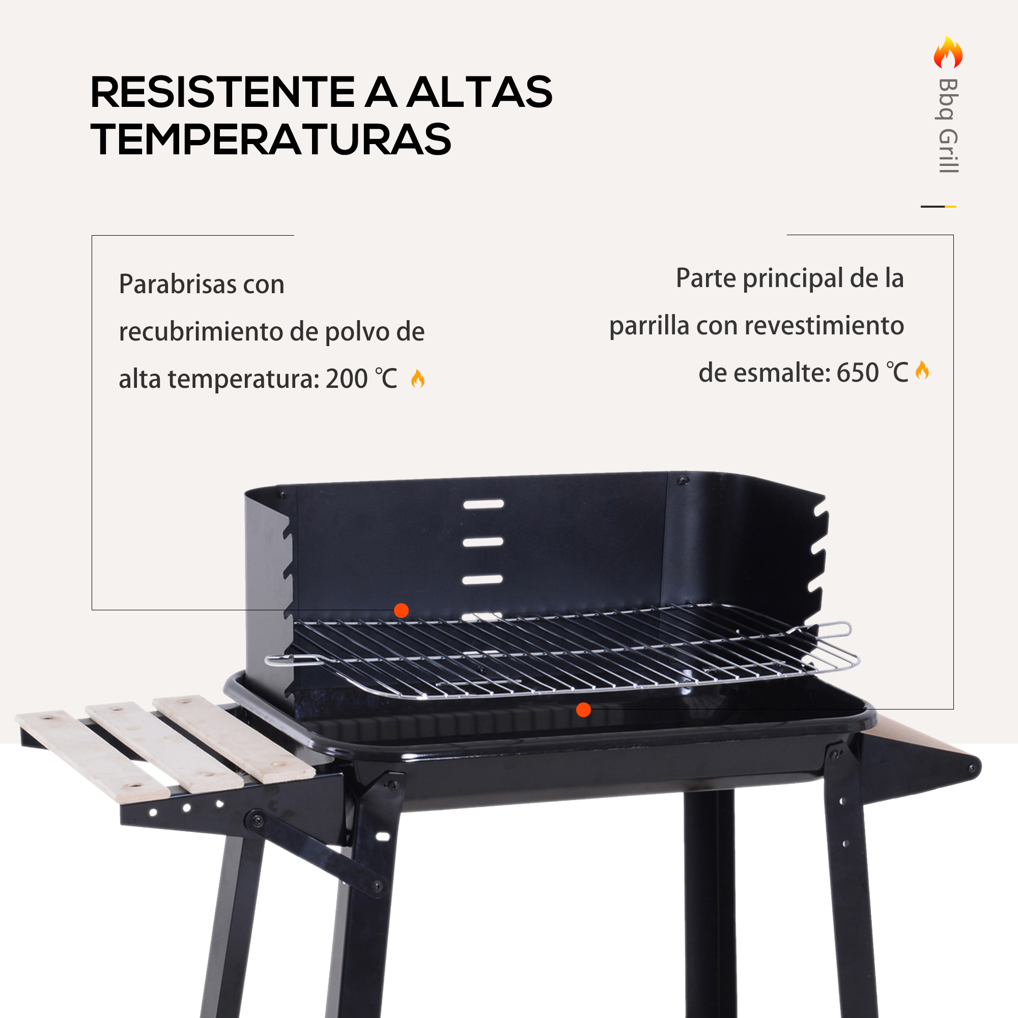 Parrilla negra con mesas laterales de madera. Texto indica resistencia a altas temperaturas.