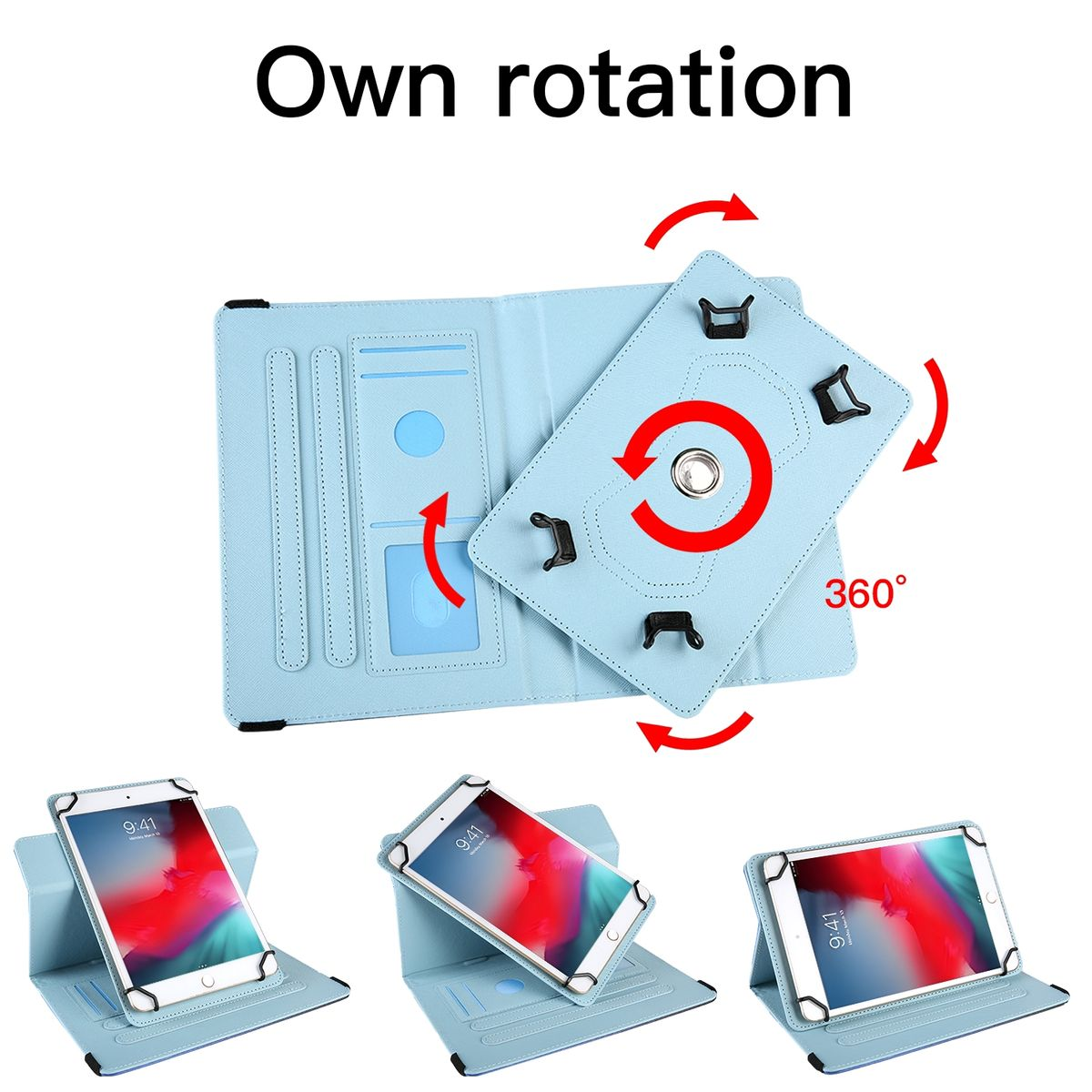 Eine hellblaue Tablethülle mit Drehmechanismus und Demonstration verschiedener Winkel.