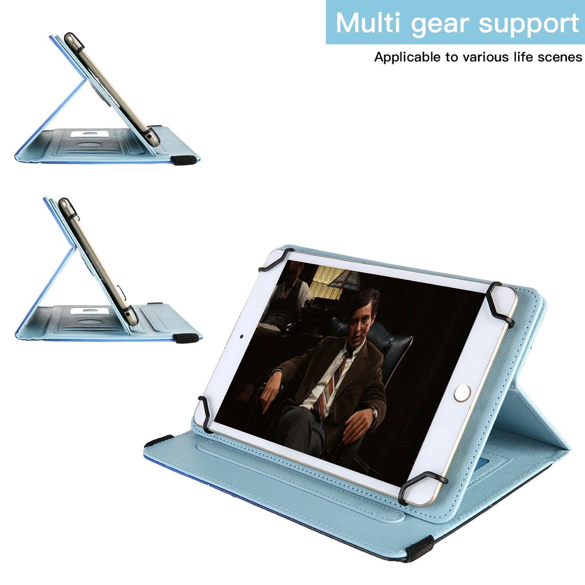 Ein Tablet in einer blauen Hülle ist aufgestellt. Bilder zeigen verschiedene Winkel.