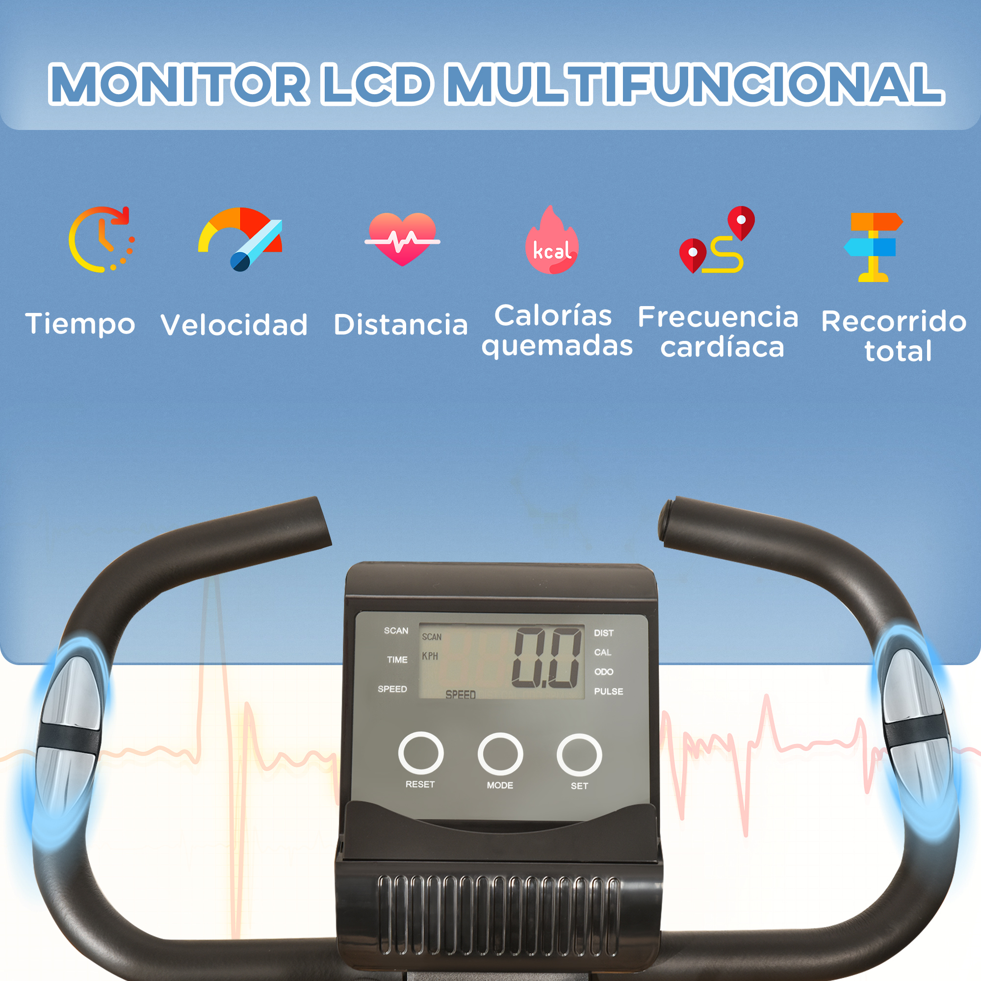 La consola de una bicicleta estática muestra velocidad, tiempo, distancia, calorías, frecuencia cardíaca y distancia total.